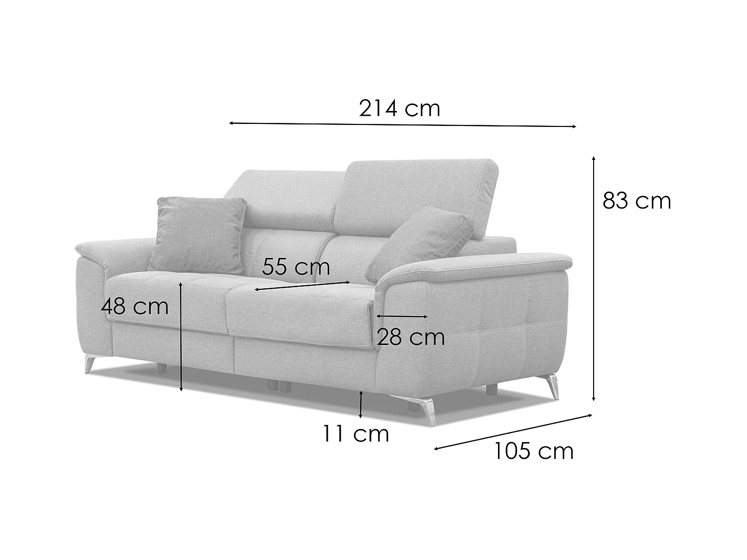 PLAUEN Sofa 3-Sitzer mit 2 Relaxfunktionen und verstellbare Kopfstützen, dunkelgrau