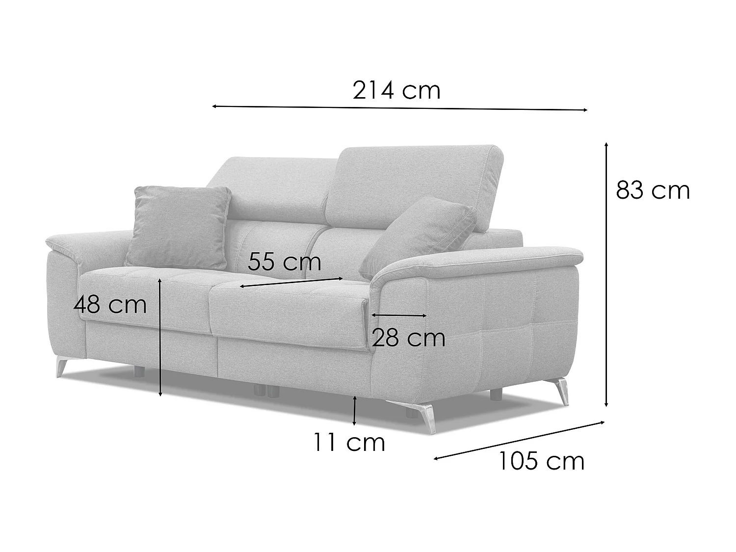 PLAUEN Sofa 3-Sitzer mit 2 Relaxfunktionen und verstellbare Kopfstützen, dunkelgrau