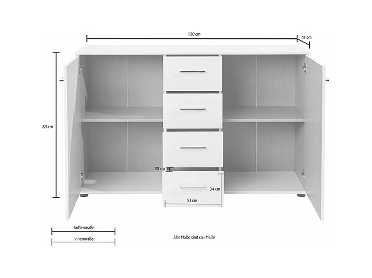 KOMMODE Pamela weiß 130 / 41 / 83cm