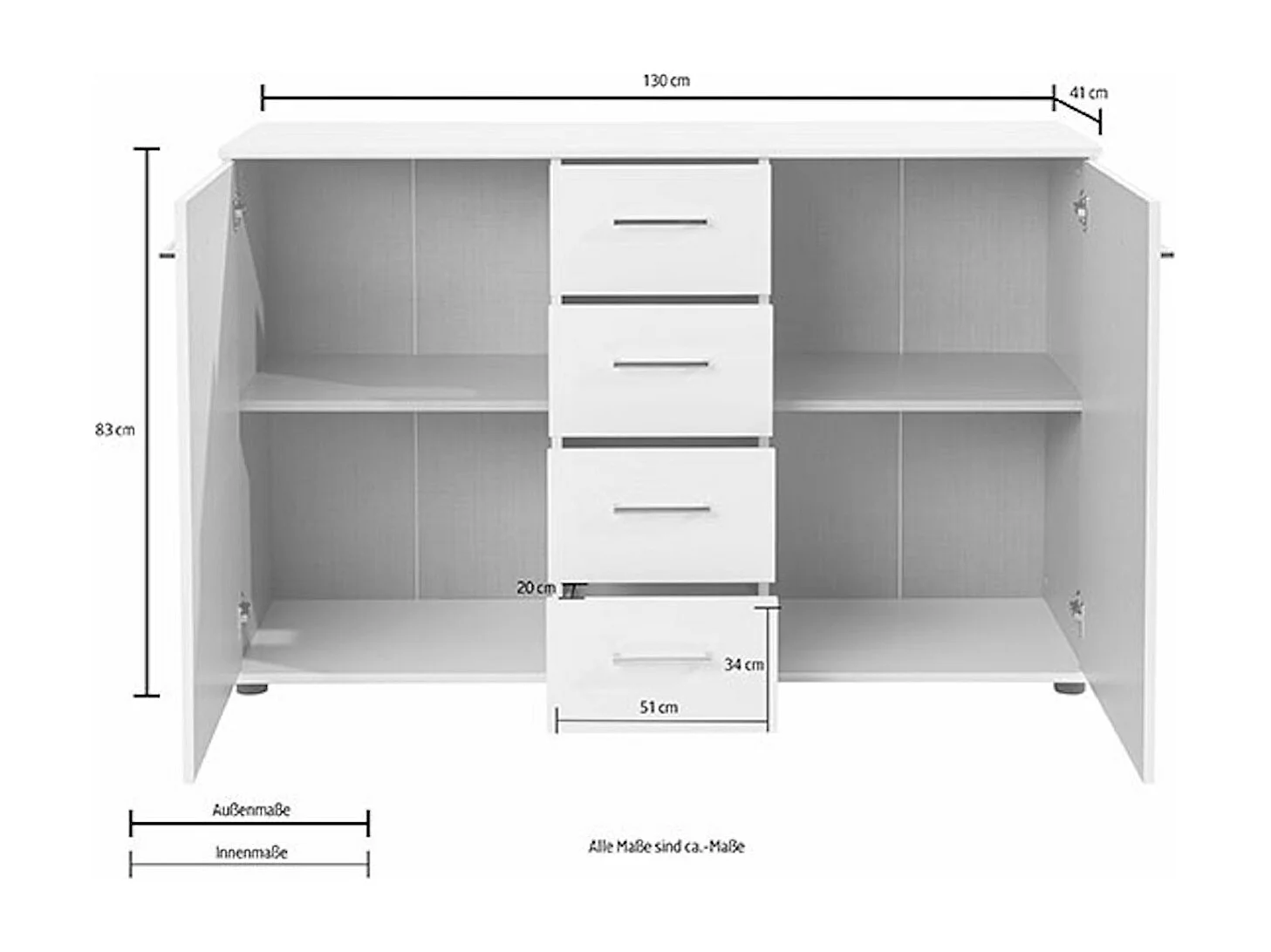 KOMMODE Pamela weiß 130 / 41 / 83cm