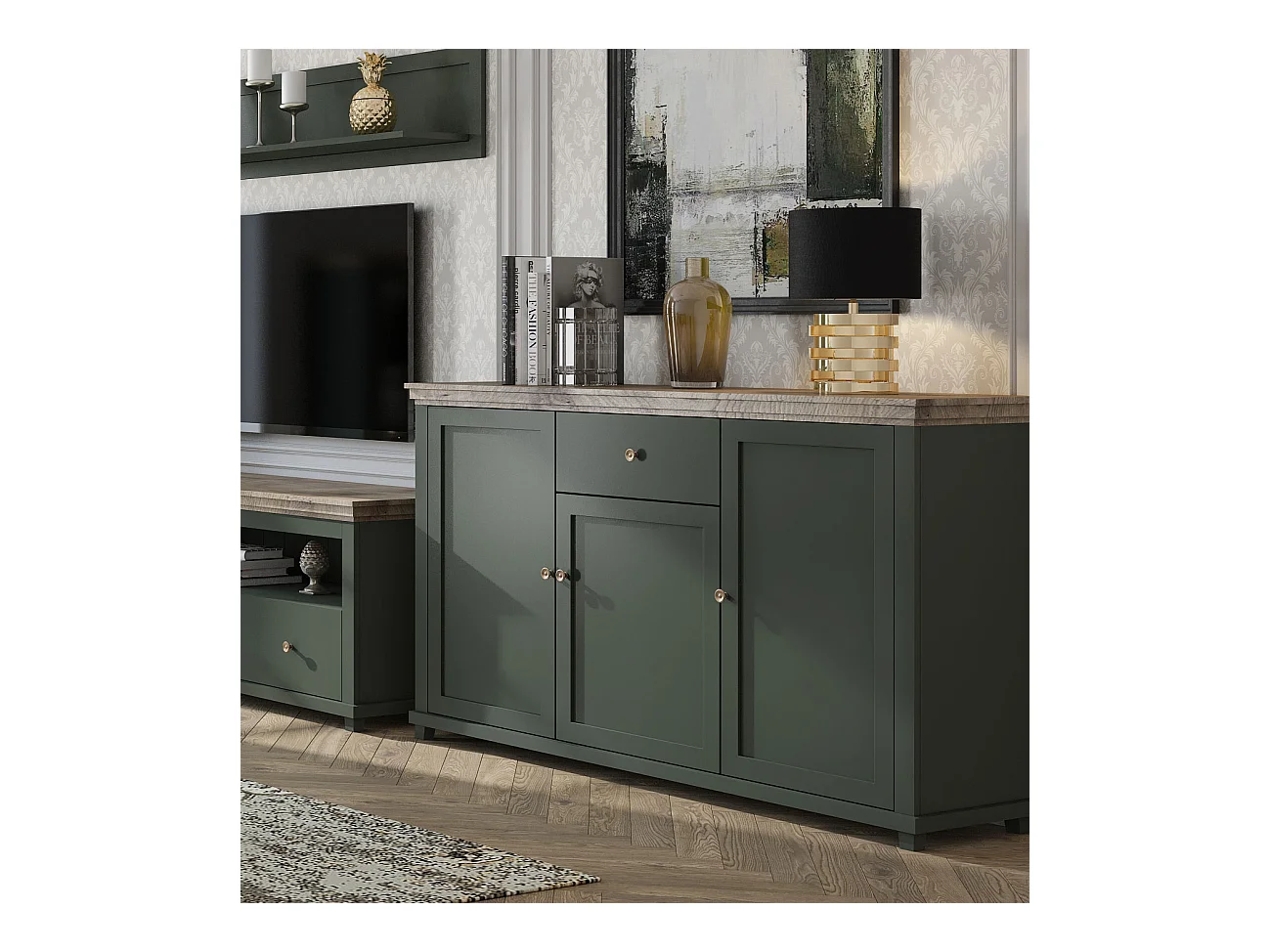 KOMMODE Elda Grün / Eiche Lefkas 160 / 42 / 93 cm