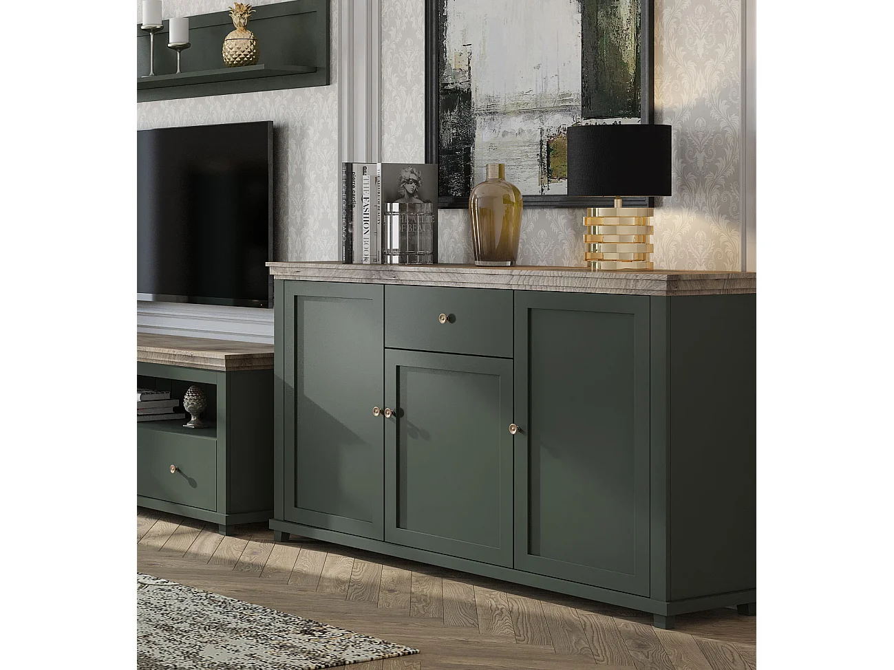 KOMMODE Elda Grün / Eiche Lefkas 160 / 42 / 93 cm