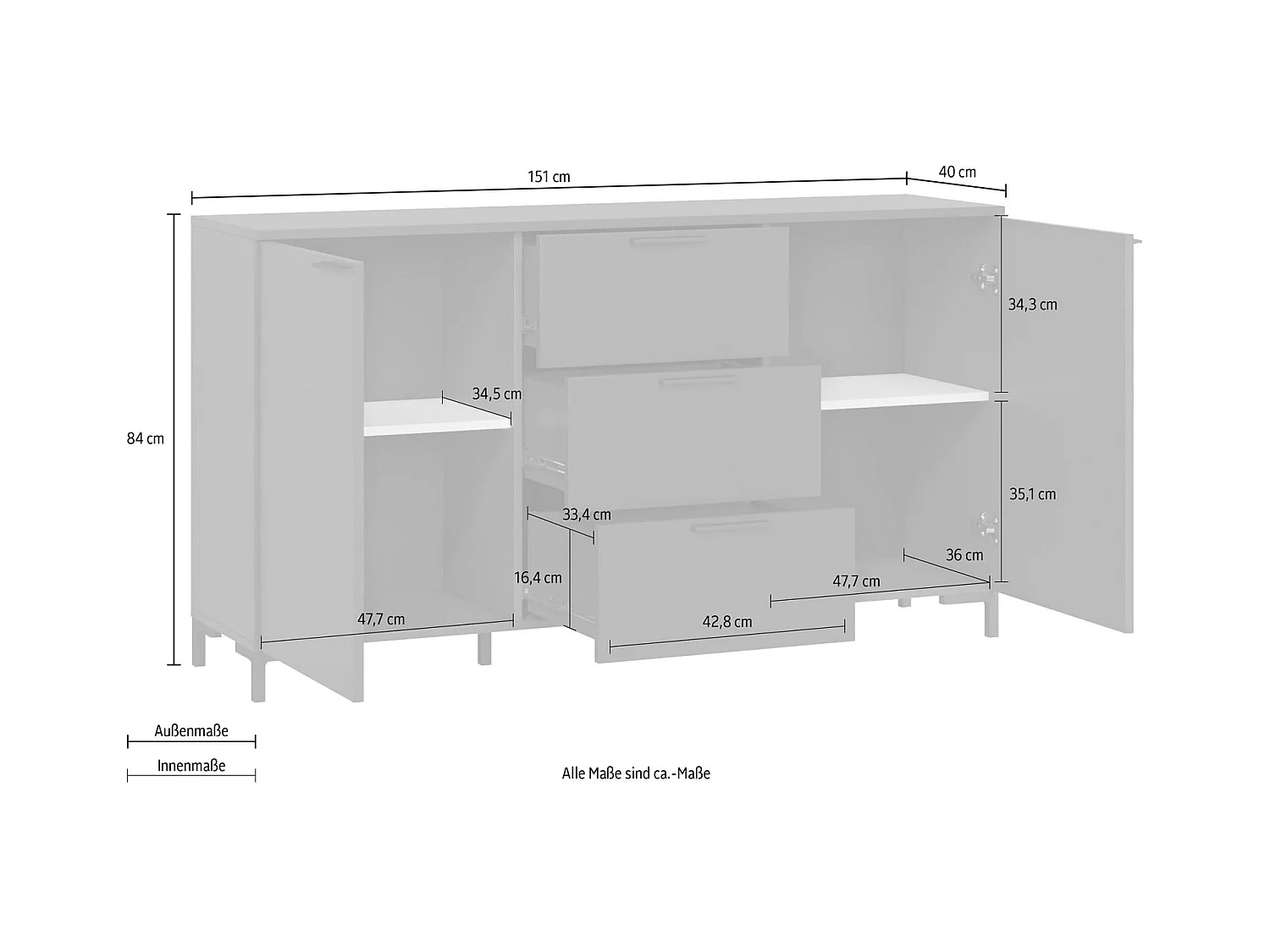 KOMMODE Alternative Kosmos anthrazit / weiß 151 / 40 / 84cm