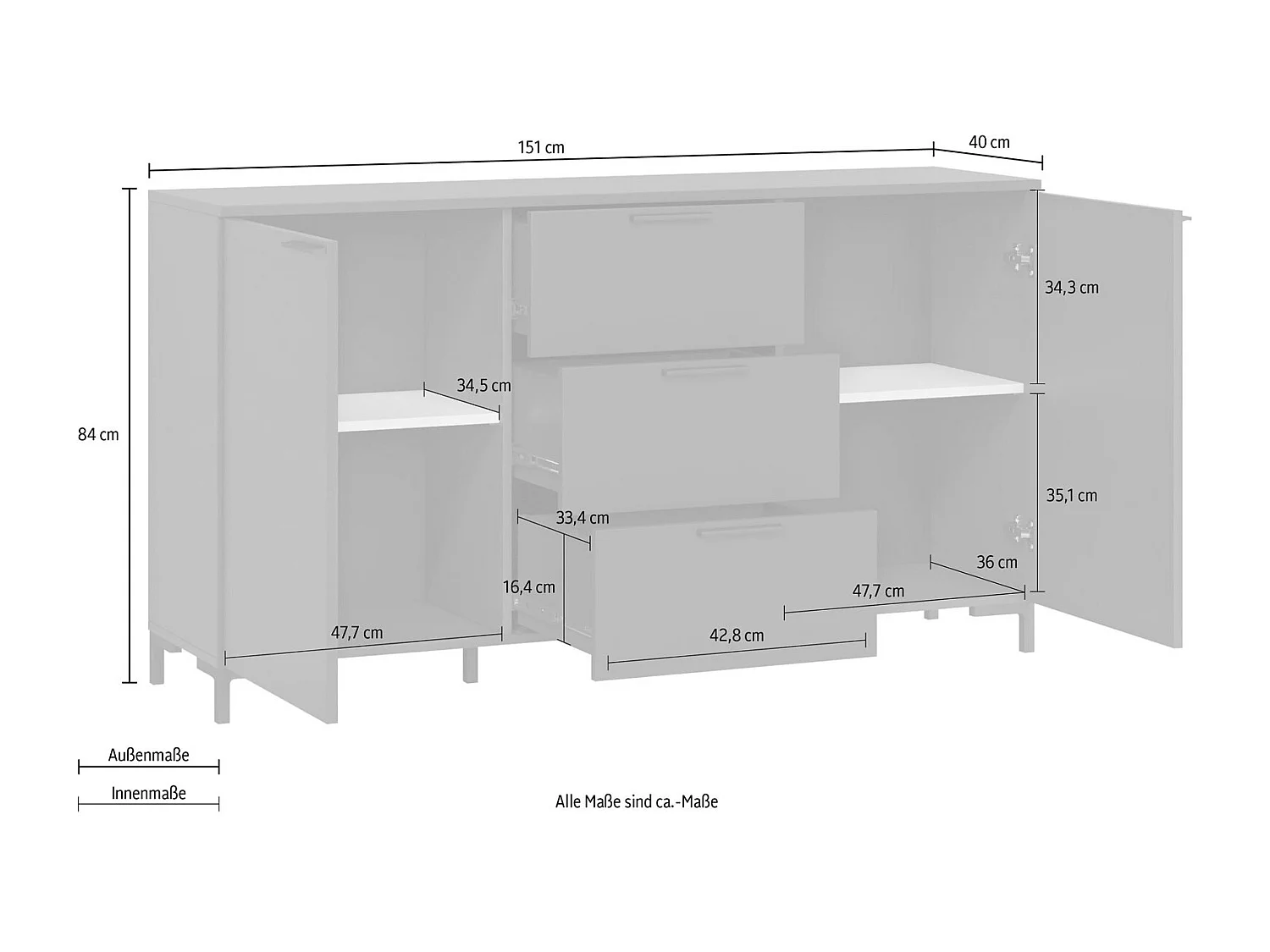 KOMMODE Alternative Kosmos anthrazit / weiß 151 / 40 / 84cm