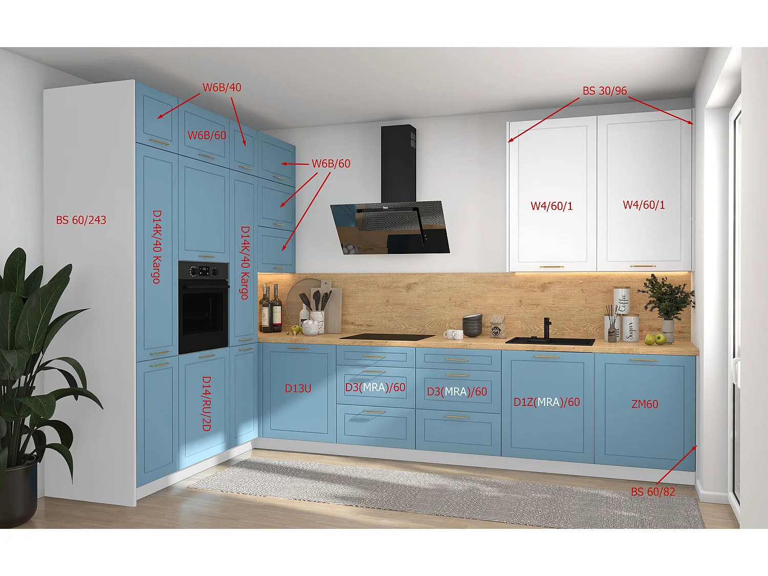 L-FORM KÜCHENZEILE Bari (16-tlg) Eiche Artisan / Wunschfarbe (K5)