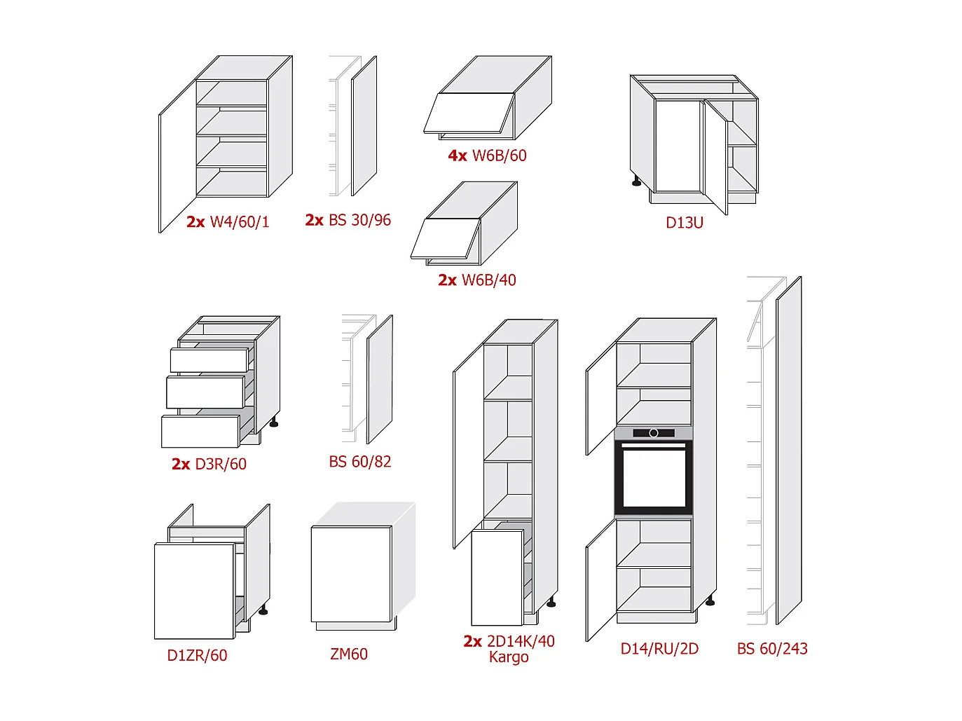 L-FORM KÜCHENZEILE Bari (16-tlg) Eiche Artisan / Wunschfarbe (K5)