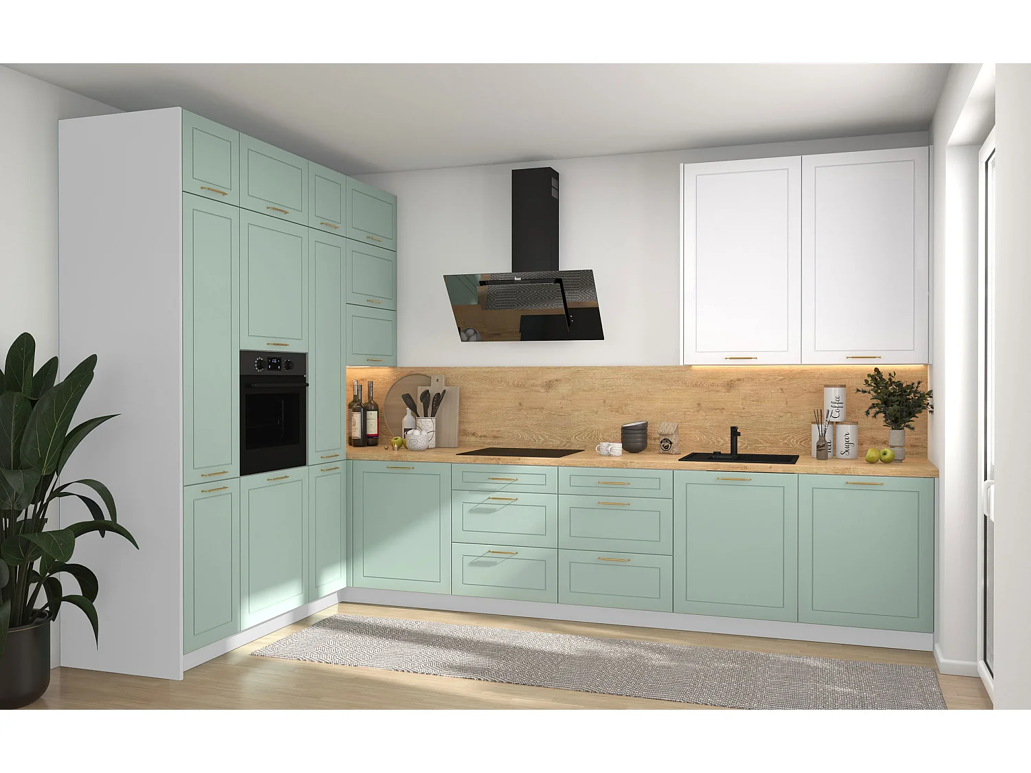 L-FORM KÜCHENZEILE Bari (16-tlg) Weiß / Blassgrün - Signalweiß