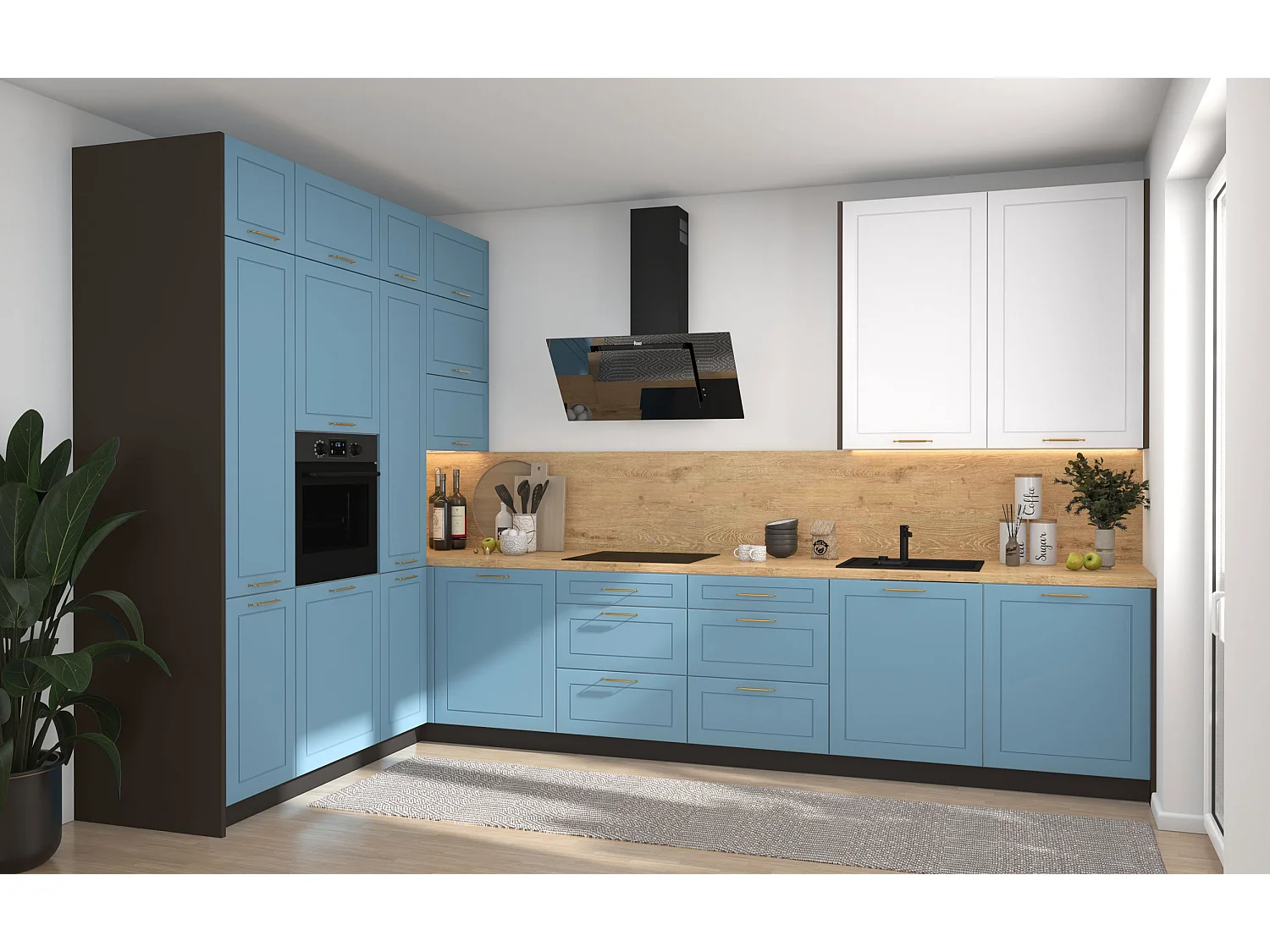 L-FORM KÜCHENZEILE Bari (16-tlg) Lava / Pastellblau - Signalweiß