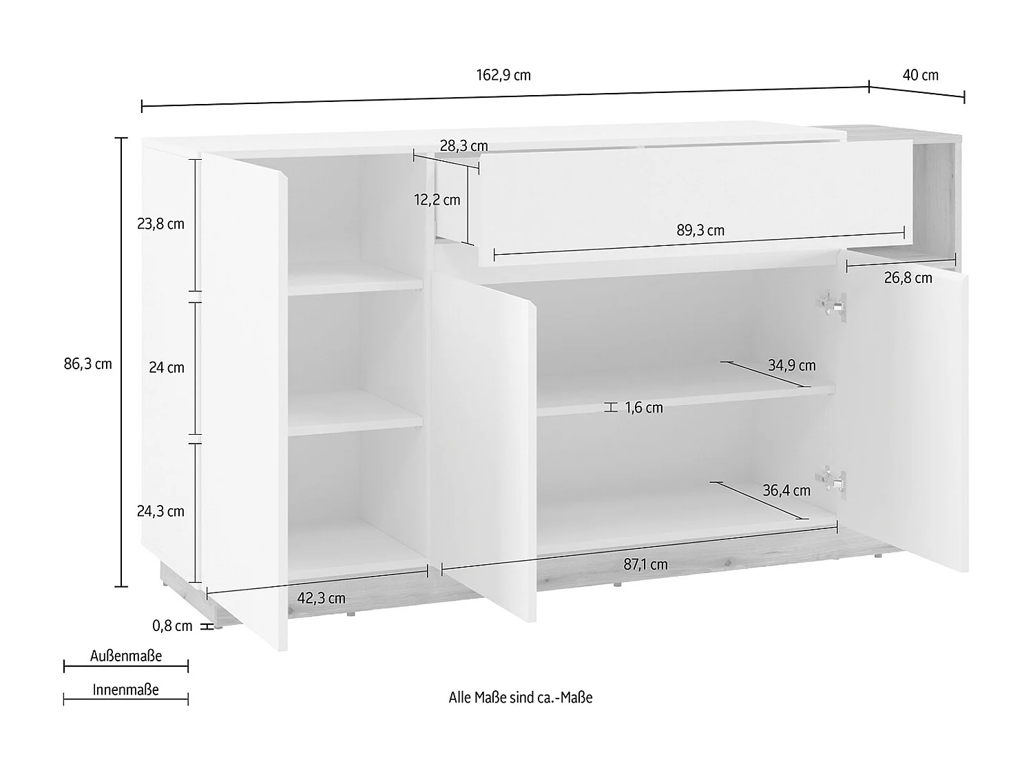 KOMMODE Bristol weiß 163 / 40 / 86cm