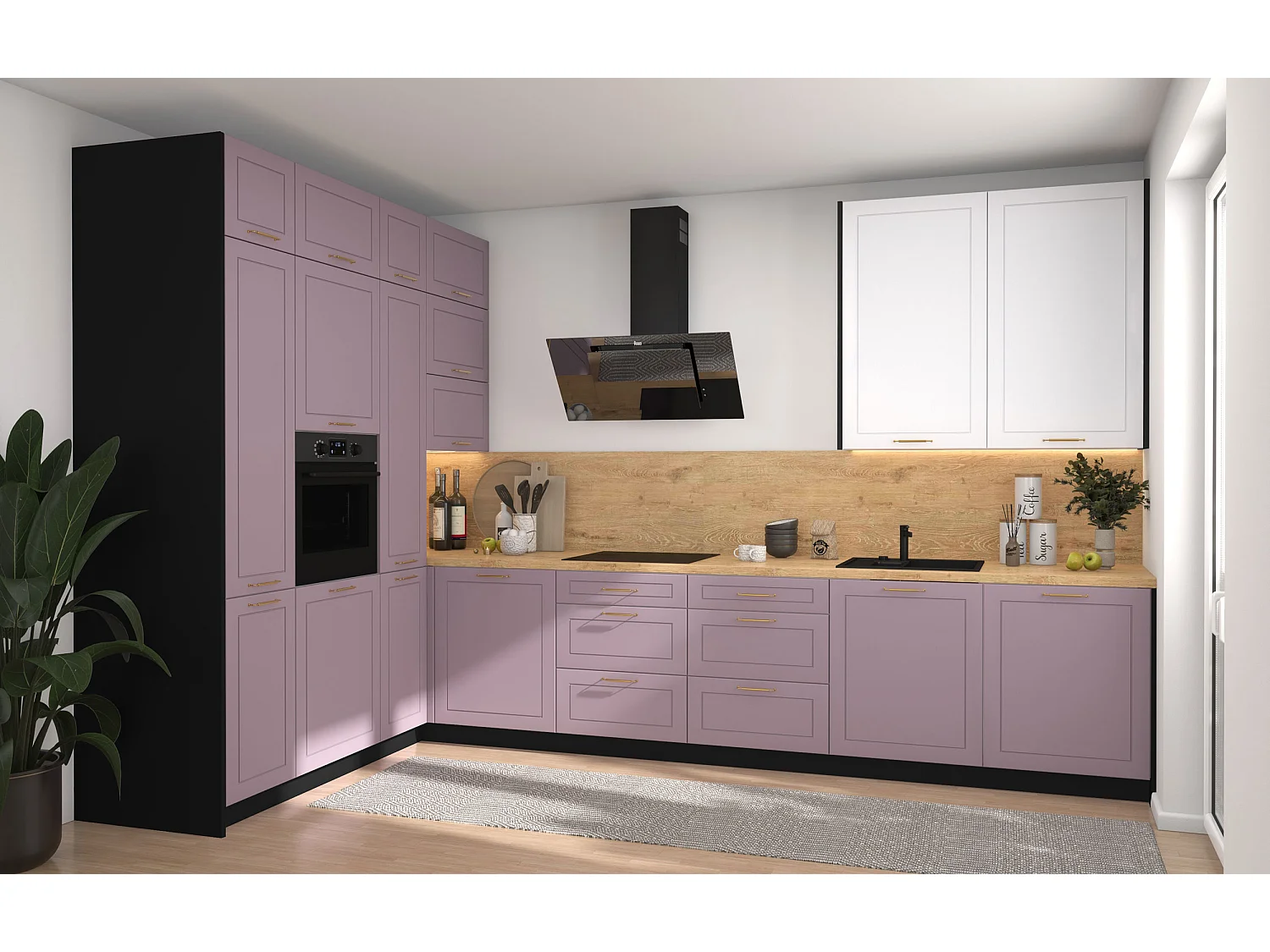 L-FORM KÜCHENZEILE Bari (16-tlg) Schwarz / Pastellviolett - Signalweiß