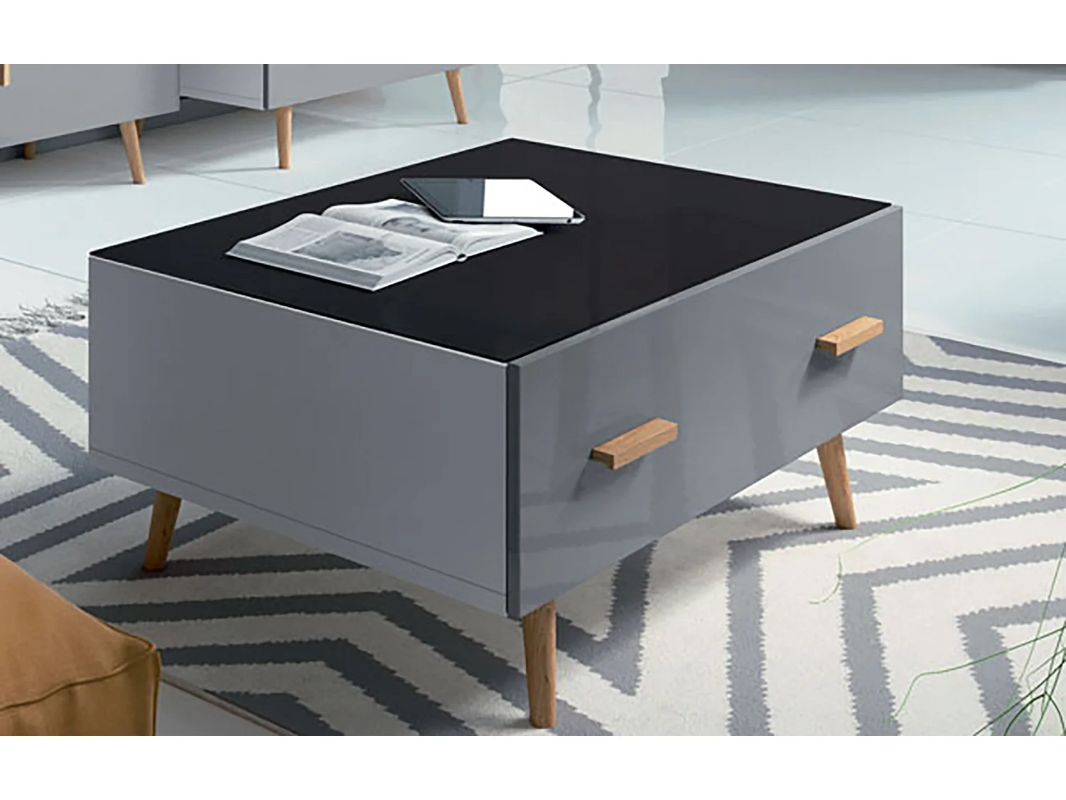 COUCHTISCH Brillo grau Hochglanz / weiß / rauchglas schwarz / Eiche Artisan 90 / 65 / 40,8cm