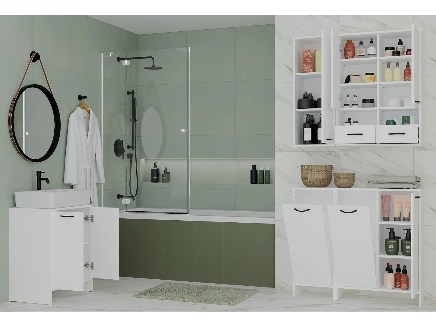 Szafka Łazienkowa NINA 1K | Biała  | 35x30x90 cm | Regał Łazienkowy z Koszem