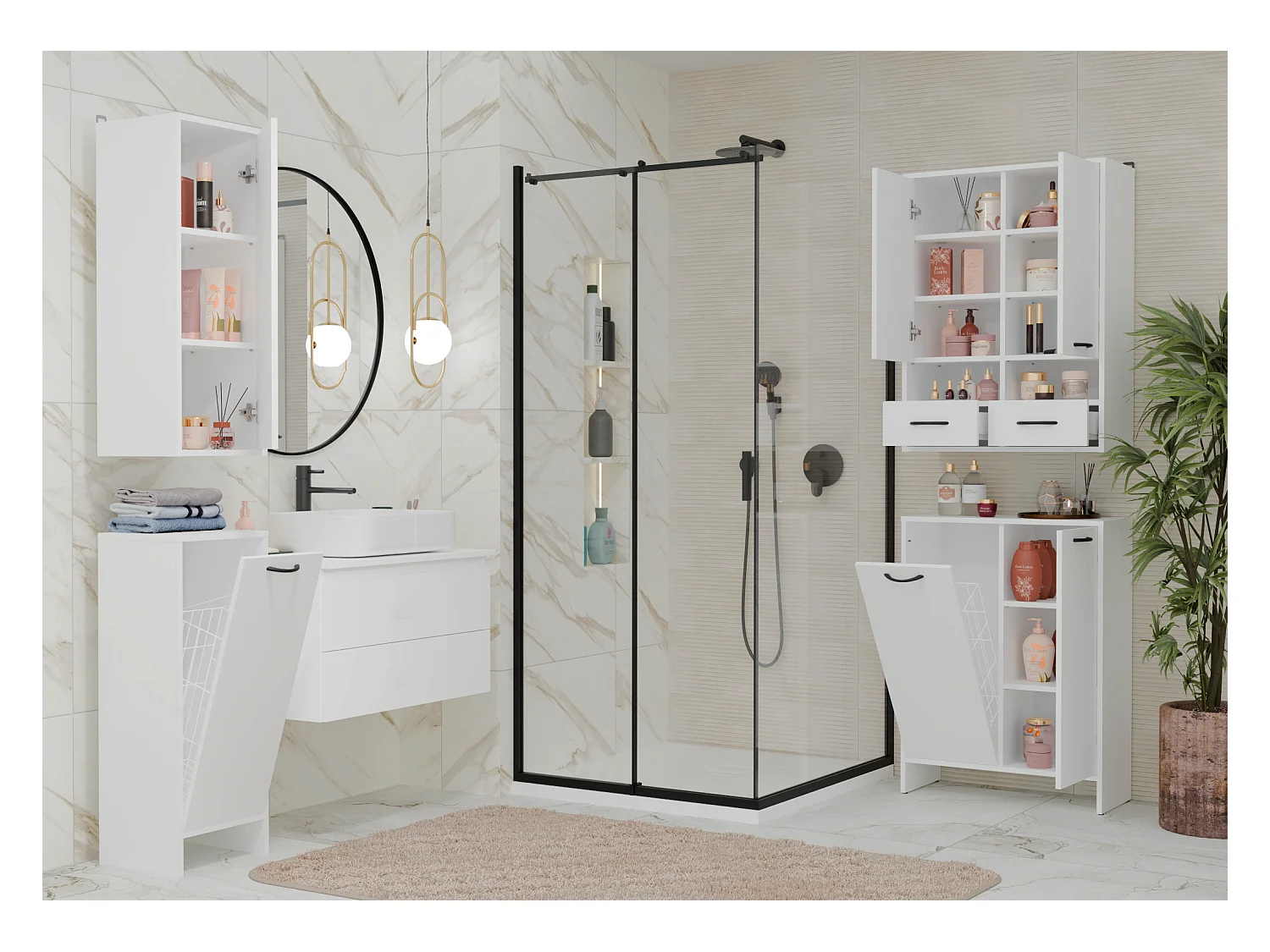 NINA - Armario de baño con cesto para la ropa, 3 estantes y 2 puertas - Blanco