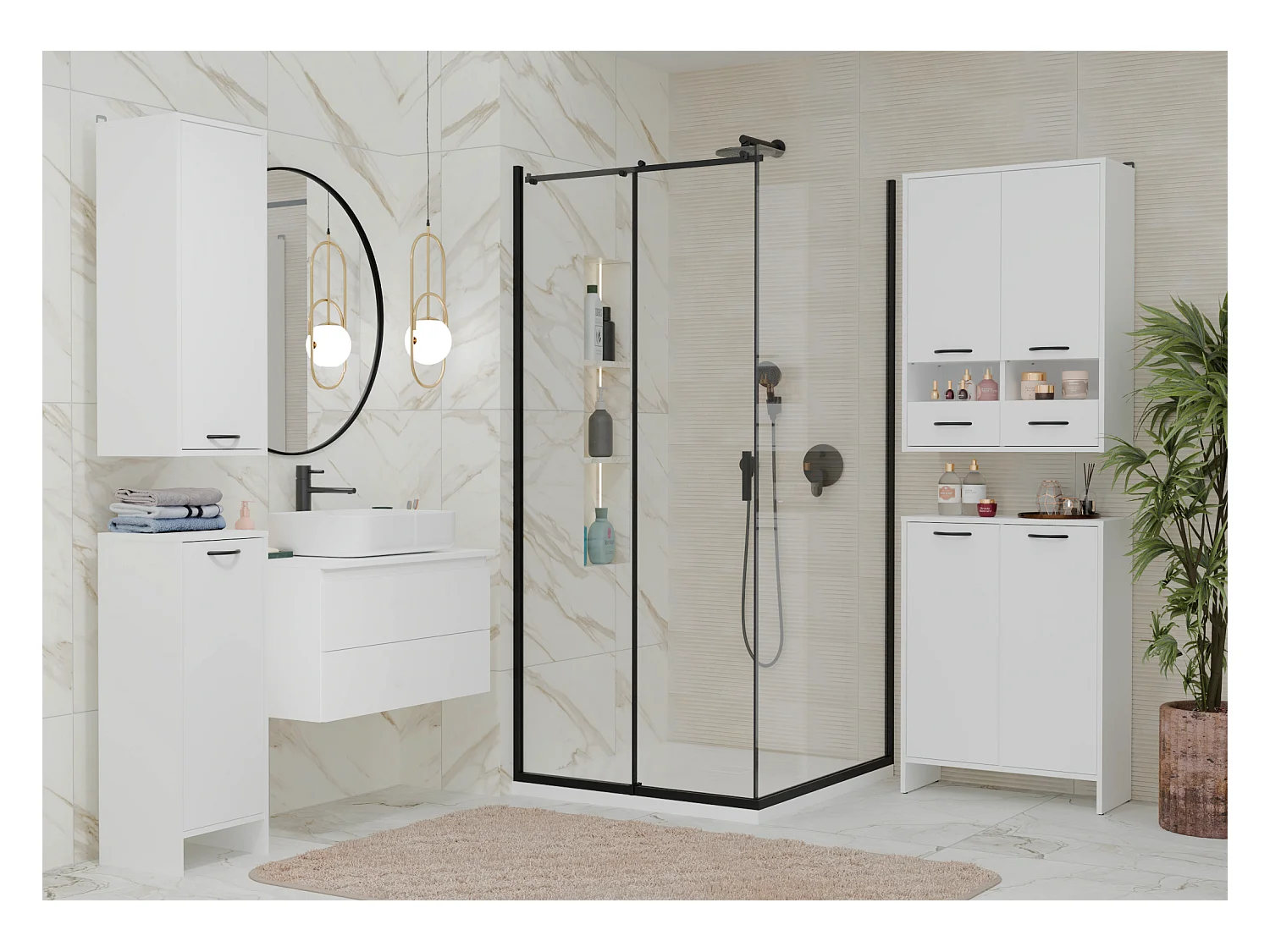 NINA - Armario de baño con cesto para la ropa, 3 estantes y 2 puertas - Blanco