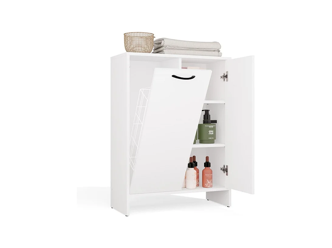 NINA - Armario de baño con cesto para la ropa, 3 estantes y 2 puertas - Blanco