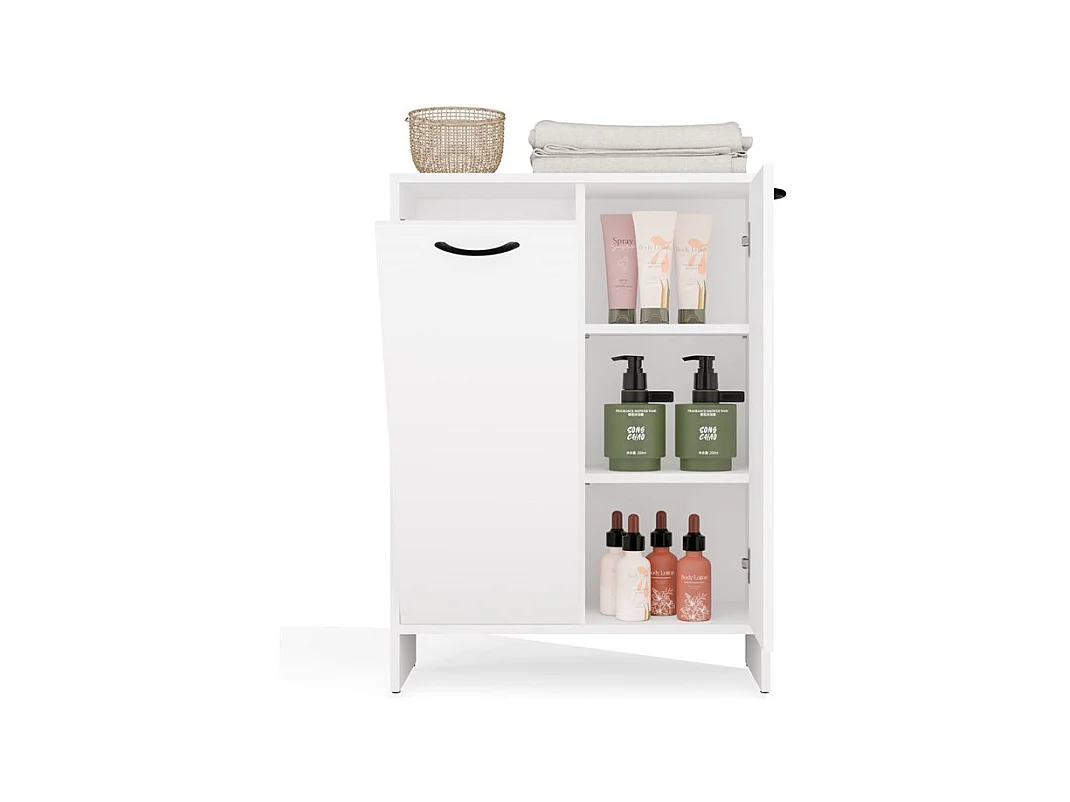 NINA - Armario de baño con cesto para la ropa, 3 estantes y 2 puertas - Blanco