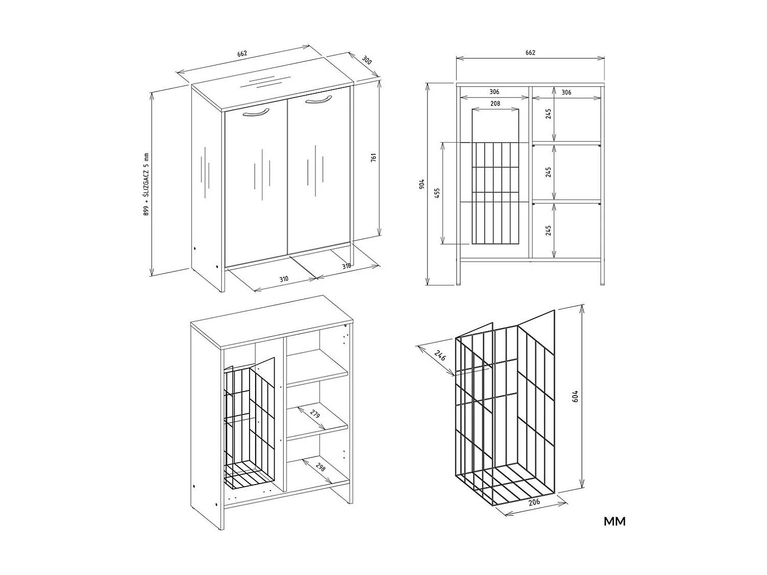 Szafka łazienkowa NINA | Biała | 66x30x90 cm | Kosz na Pranie, 3 Półki