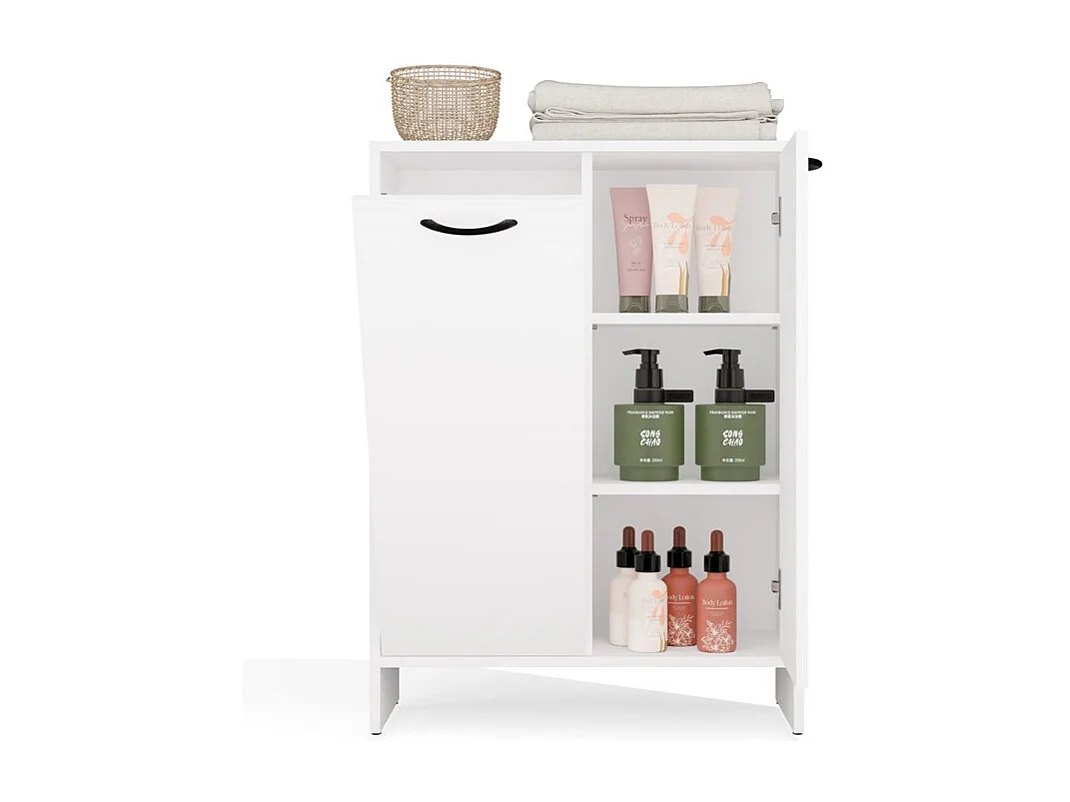 Szafka łazienkowa NINA | Biała | 66x30x90 cm | Kosz na Pranie, 3 Półki
