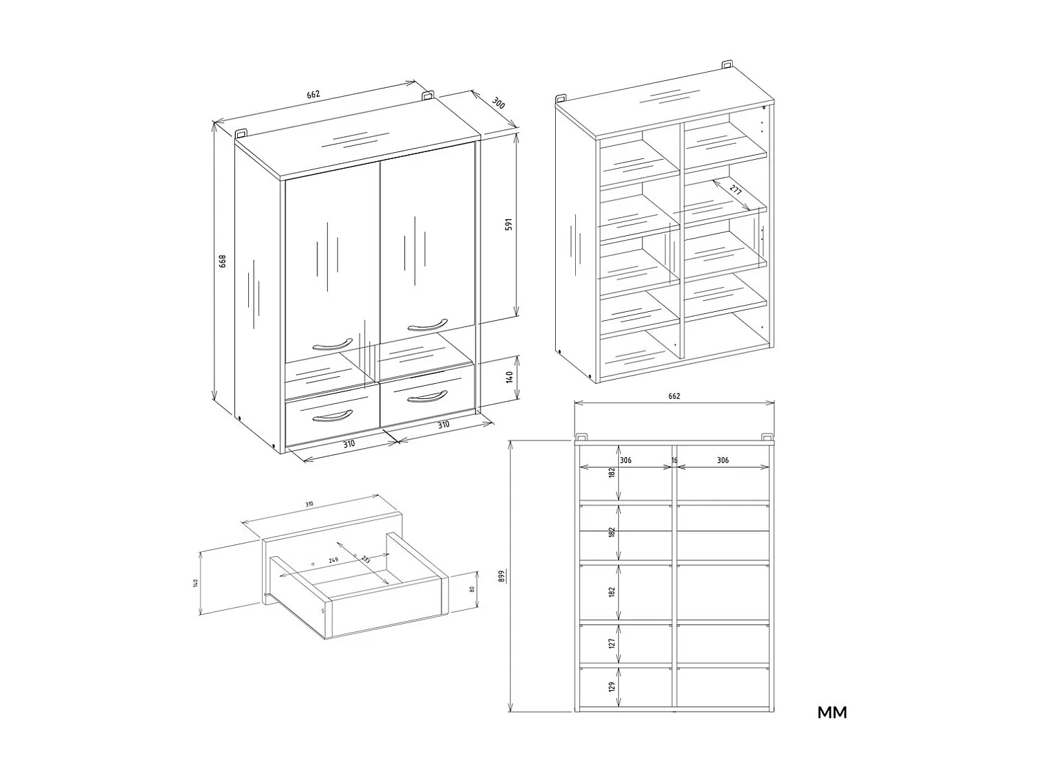 NINA - Mueble de pared para baño con 8 estantes y 2 cajones - Blanco