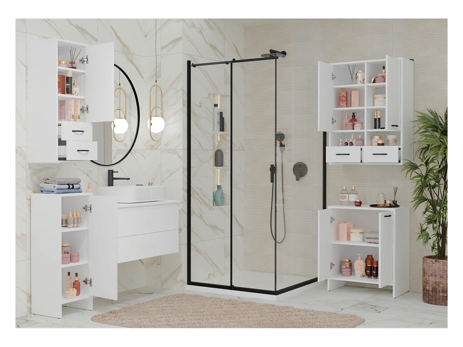 NINA - Mueble de pared para baño con 3 estantes y 2 cajones - Blanco