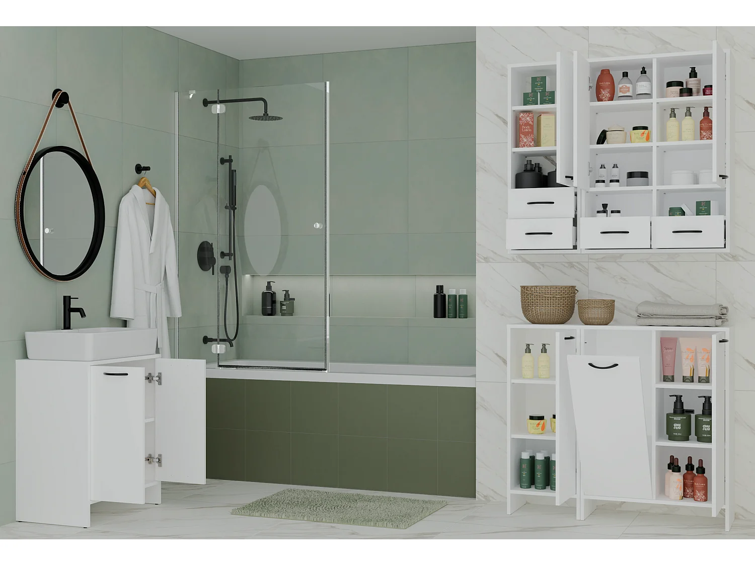 NINA - Mueble de pared para baño con 3 estantes y 2 cajones - Blanco