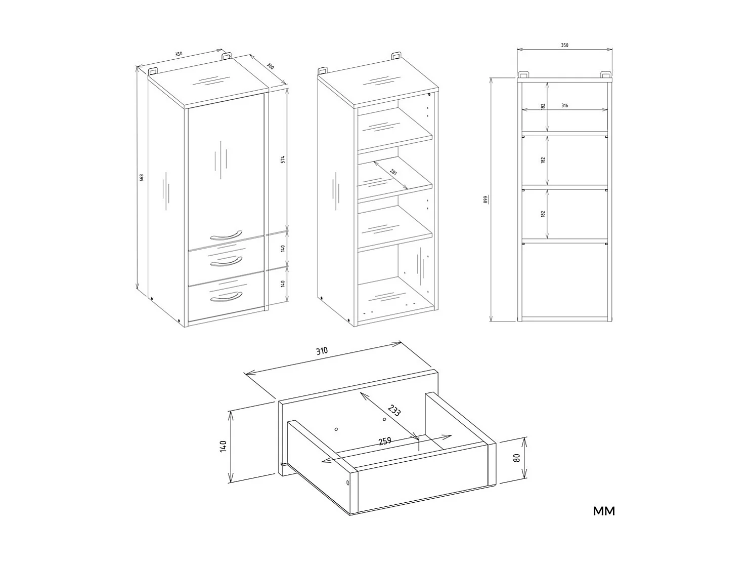 Szafka Łazienkowa Wisząca NINA W1D2S |  Biały | 35x30x67 | 2 Szuflady, Półki