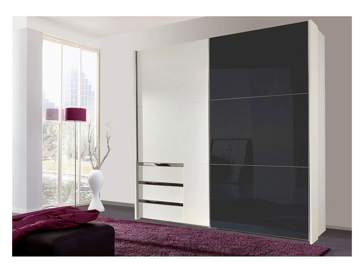 SCHWEBETÜRENSCHRANK Level weiß / Grauglas 200 / 65 / 236cm