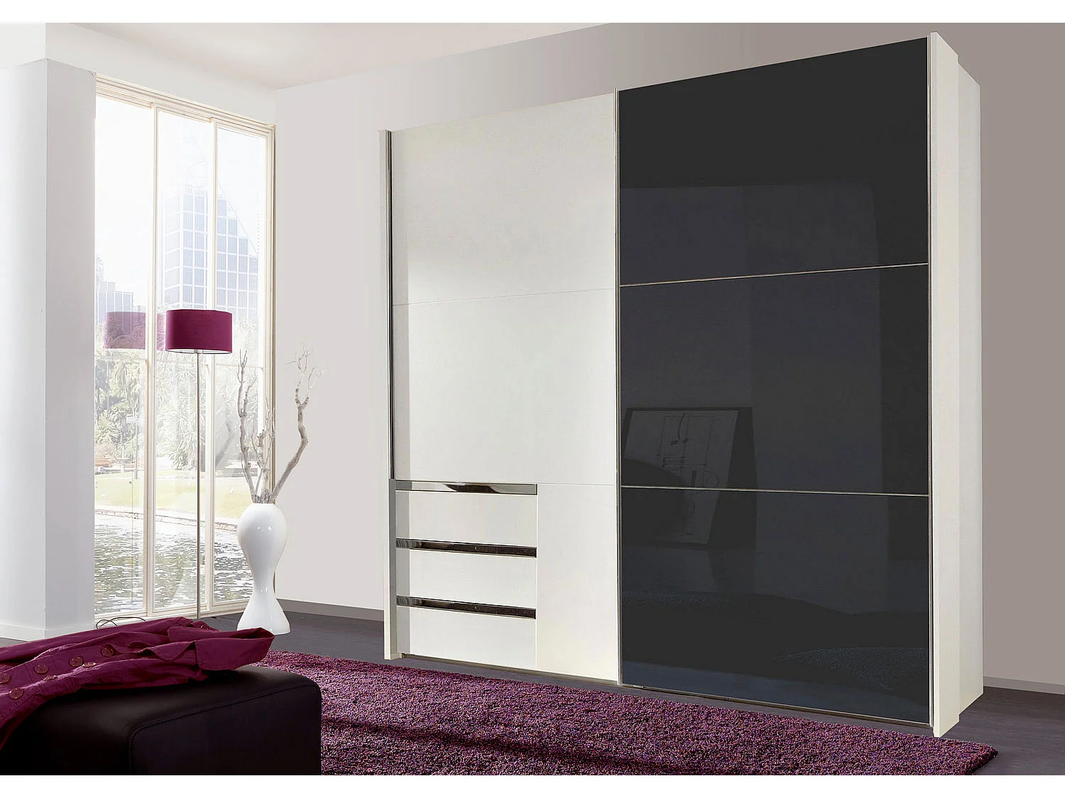 SCHWEBETÜRENSCHRANK Level weiß / Grauglas 200 / 65 / 236cm