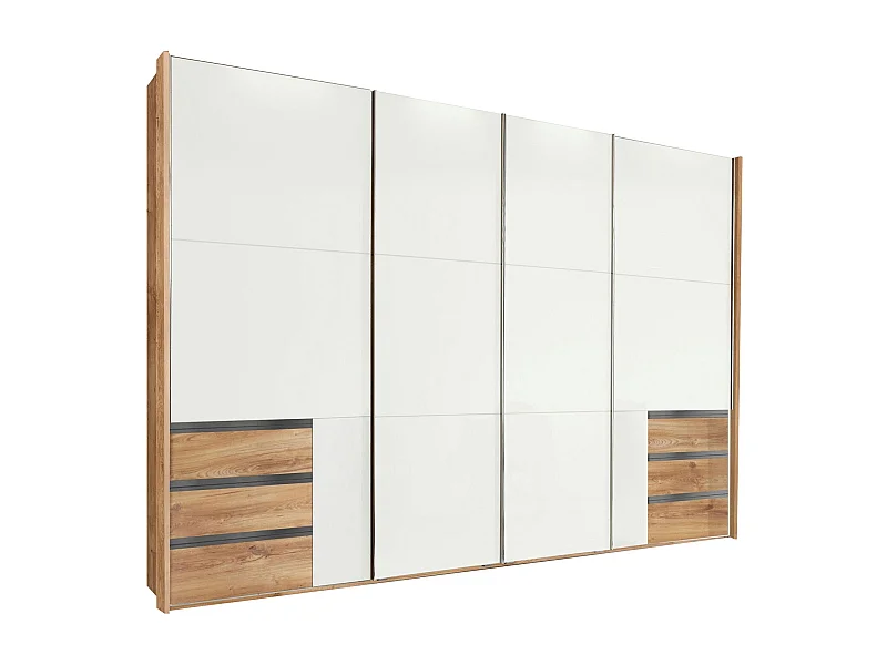 SCHWEBETÜRENSCHRANK Level Plankeneiche / Weißglas 300 / 65 / 216cm