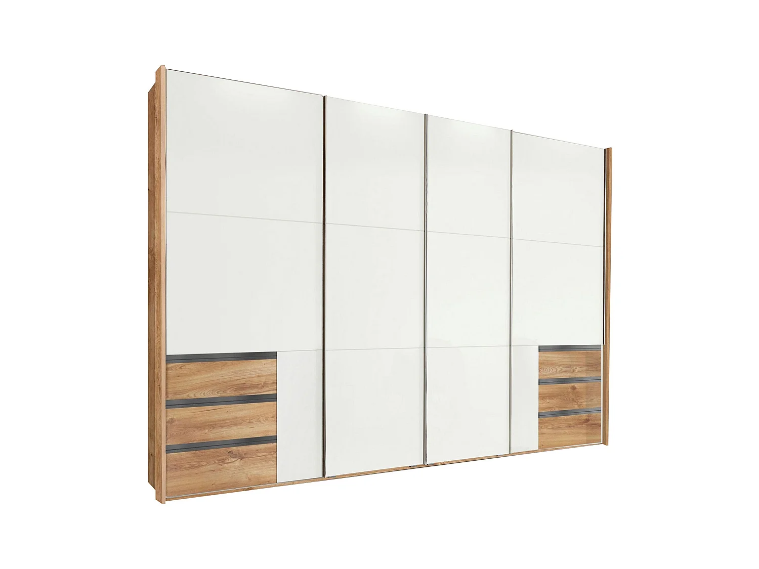 SCHWEBETÜRENSCHRANK Level Plankeneiche / Weißglas 300 / 65 / 216cm