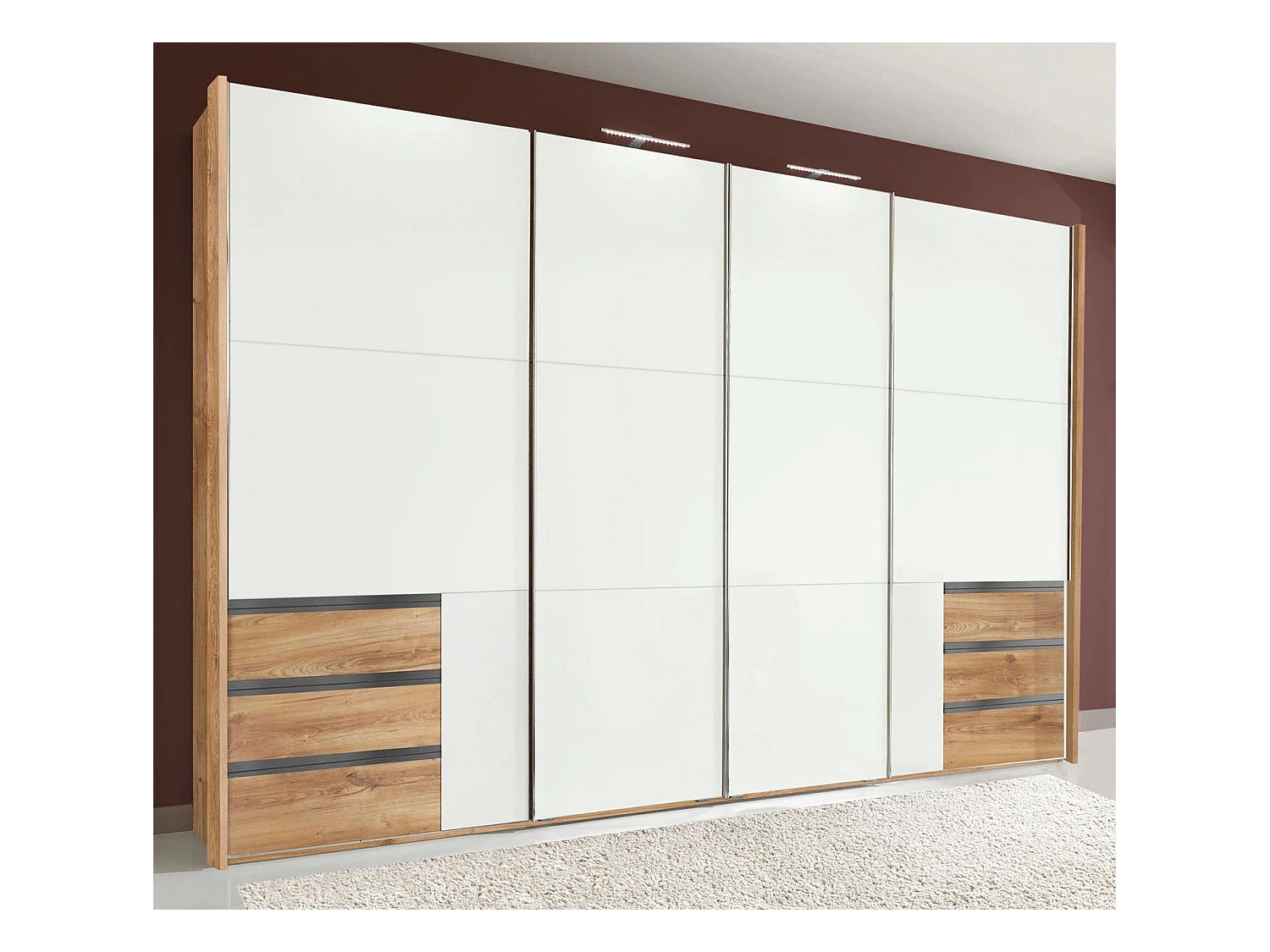 SCHWEBETÜRENSCHRANK Level Plankeneiche / Weißglas 300 / 65 / 216cm