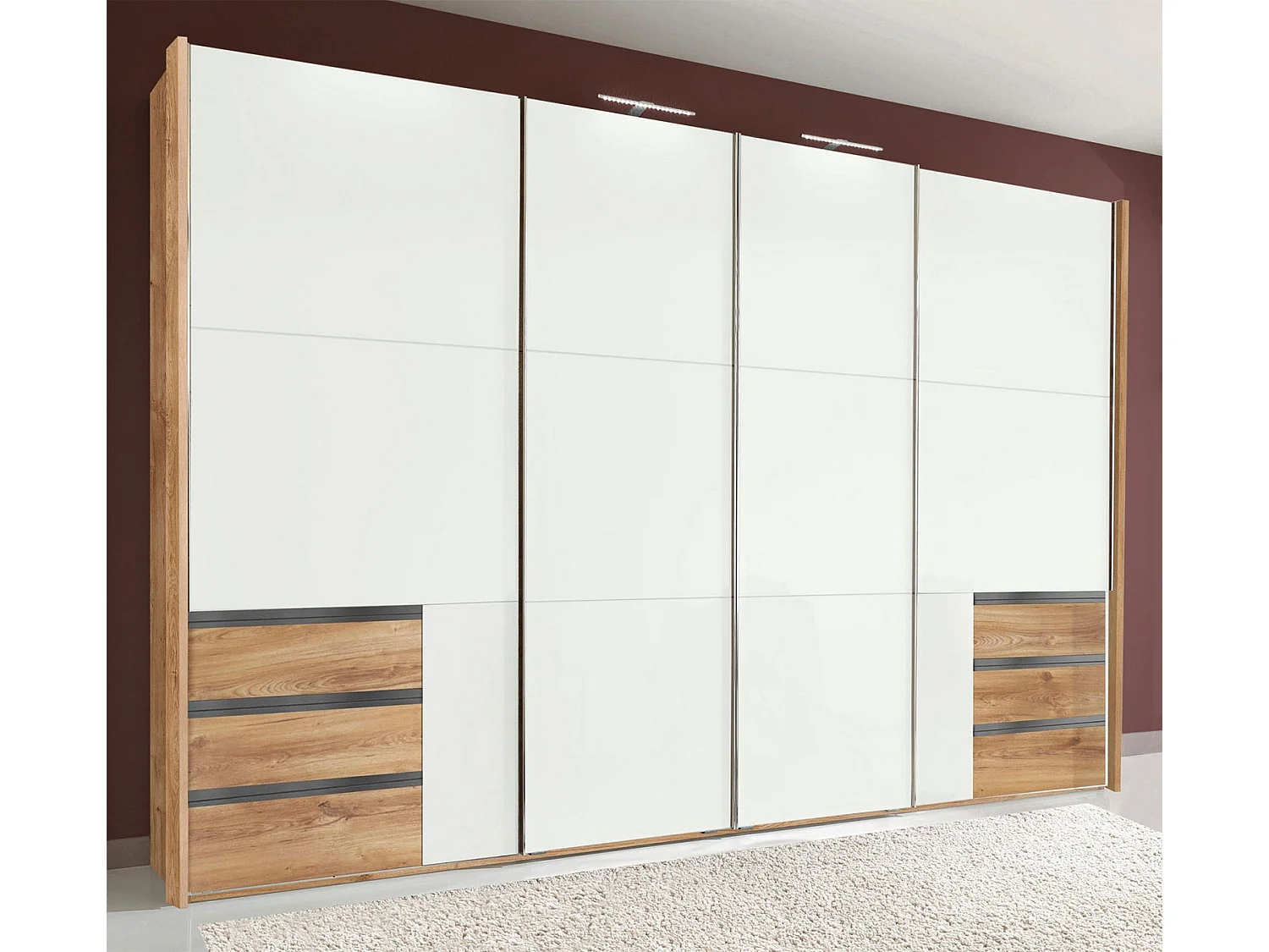 SCHWEBETÜRENSCHRANK Level Plankeneiche / Weißglas 300 / 65 / 216cm