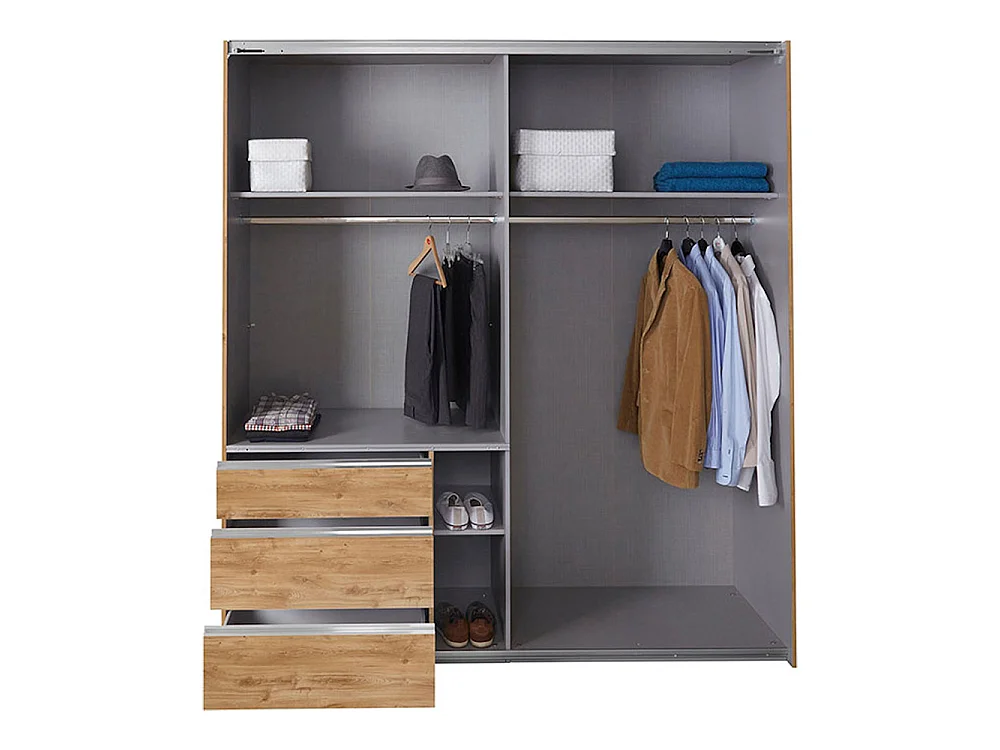 SCHWEBETÜRENSCHRANK Level Plankeneiche / Glasgrau 200 / 65 / 216cm