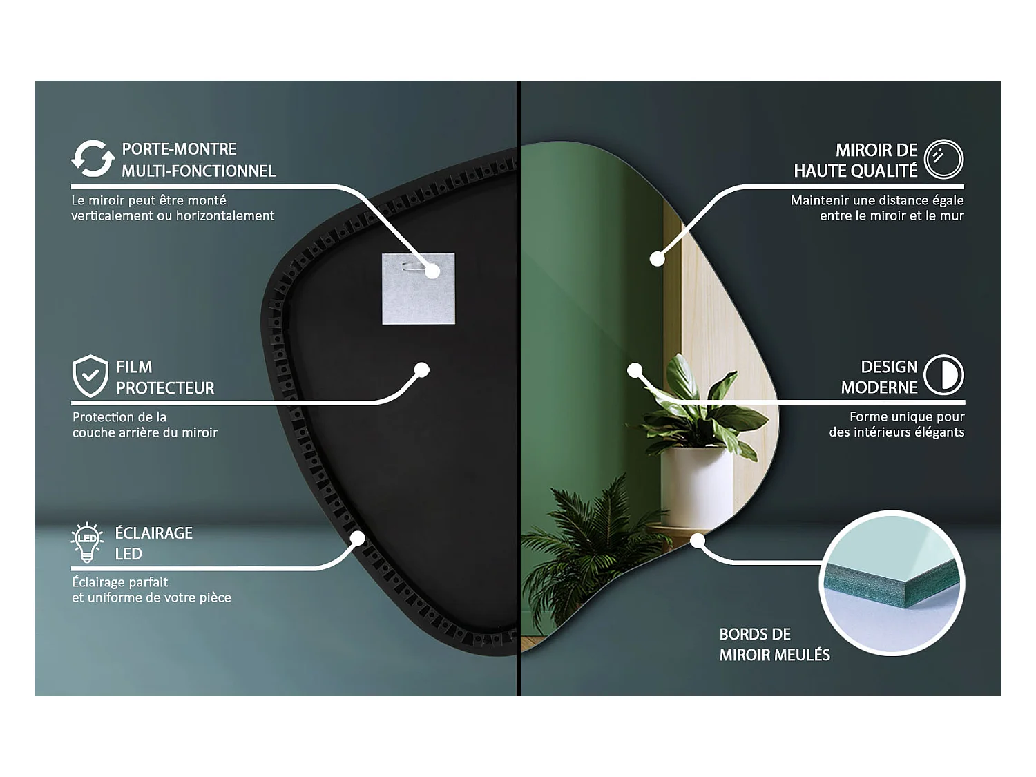 Miroir LED design sans cadre sur pied éclairage froid élégant pour intérieur chic 67,6x67 Tulup