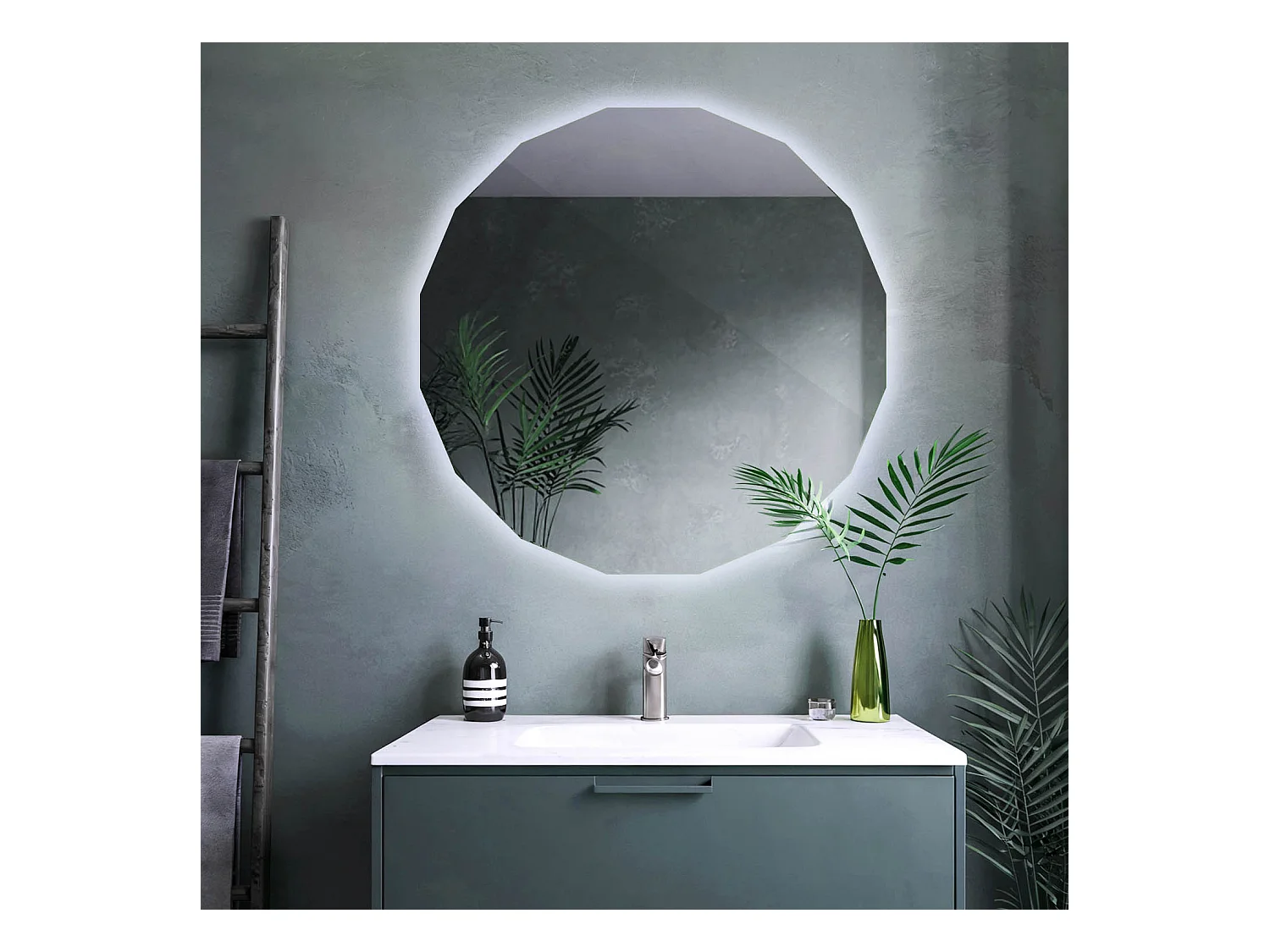 Miroir LED mural sans cadre forme ronde élégante avec éclairage froid chic 80x80 Tulup