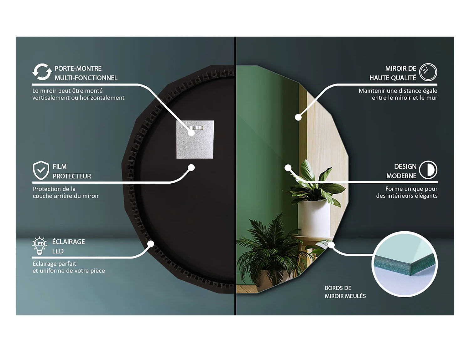 Miroir LED mural sans cadre design contemporain forme ronde avec lumière neutre pour salle de bain 60x60 Tulup