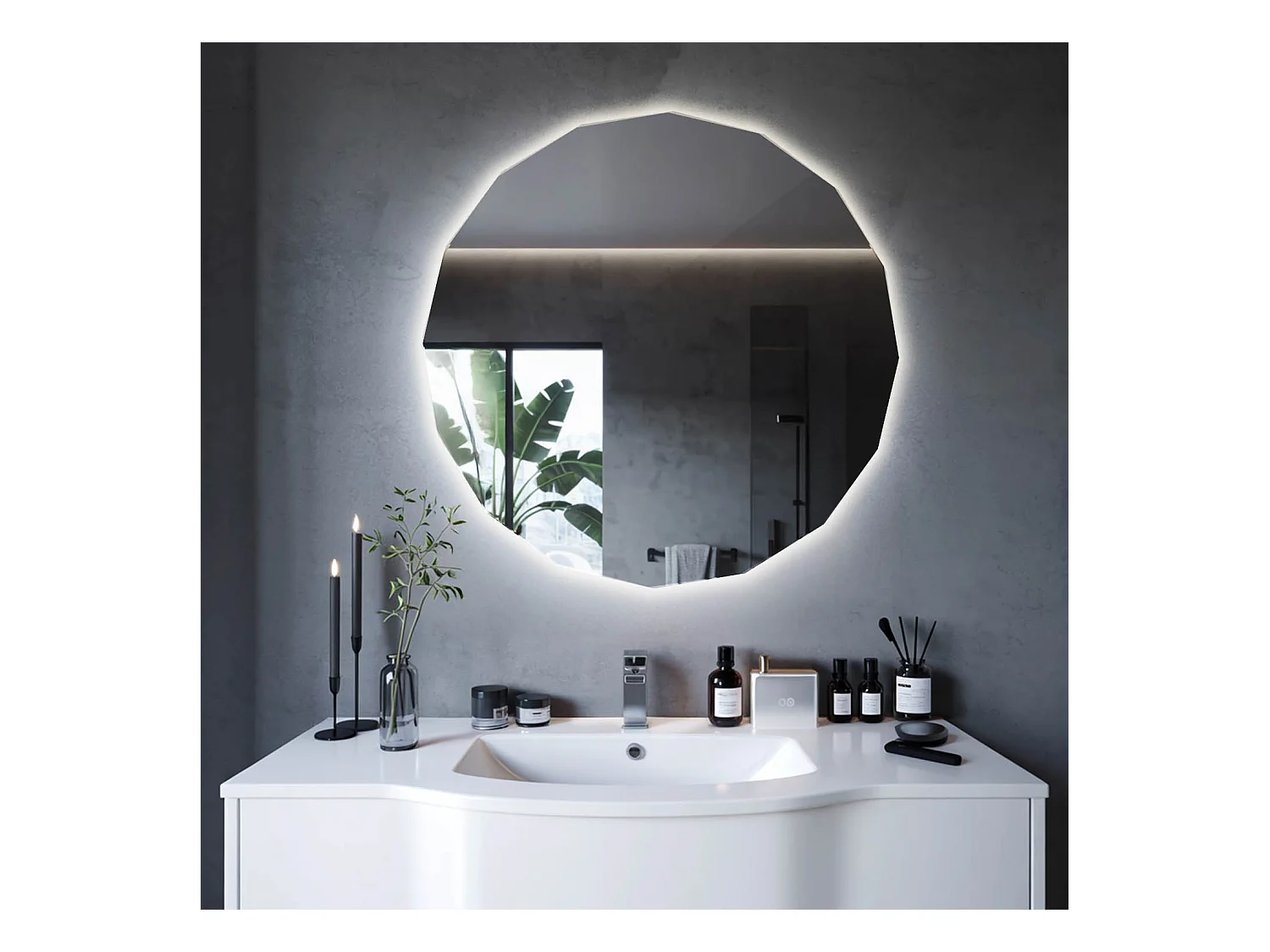Miroir LED mural sans cadre design contemporain forme ronde avec lumière neutre pour salle de bain 60x60 Tulup