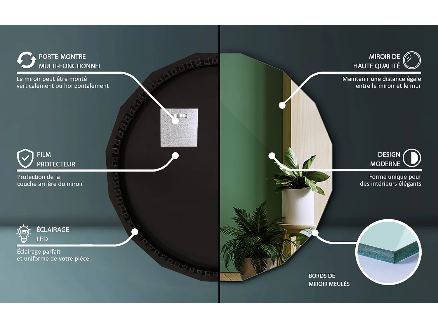 LED Spiegel rund ohne Rahmen modernes Design kaltes Licht für Schlafzimmer 60x60 Tulup