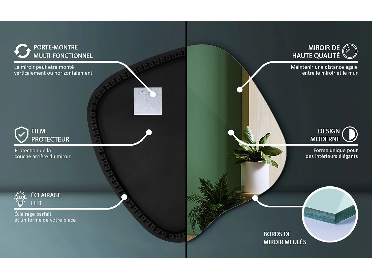 Rahmenloser LED Spiegel zum Aufstellen mit warmem Licht ideal für Garderobe und Wohnzimmer 57x57,7 Tulup