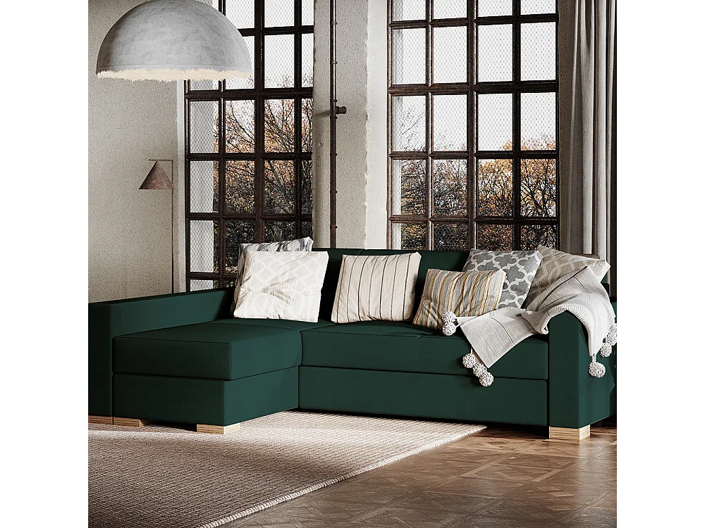 Canapé d'angle convertible 95x232x82 cm vert, structure stable, forme en L