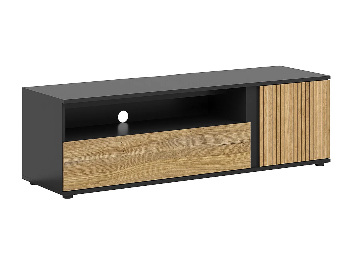 Meuble TV 1 porte 1 tiroir 155 cm Pia Noir et Bois