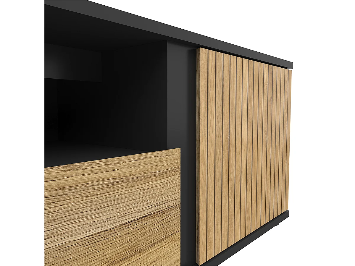 Meuble TV 1 porte 1 tiroir 155 cm Pia Noir et Bois