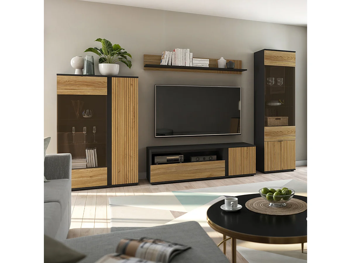 Meuble TV 1 porte 1 tiroir 155 cm Pia Noir et Bois