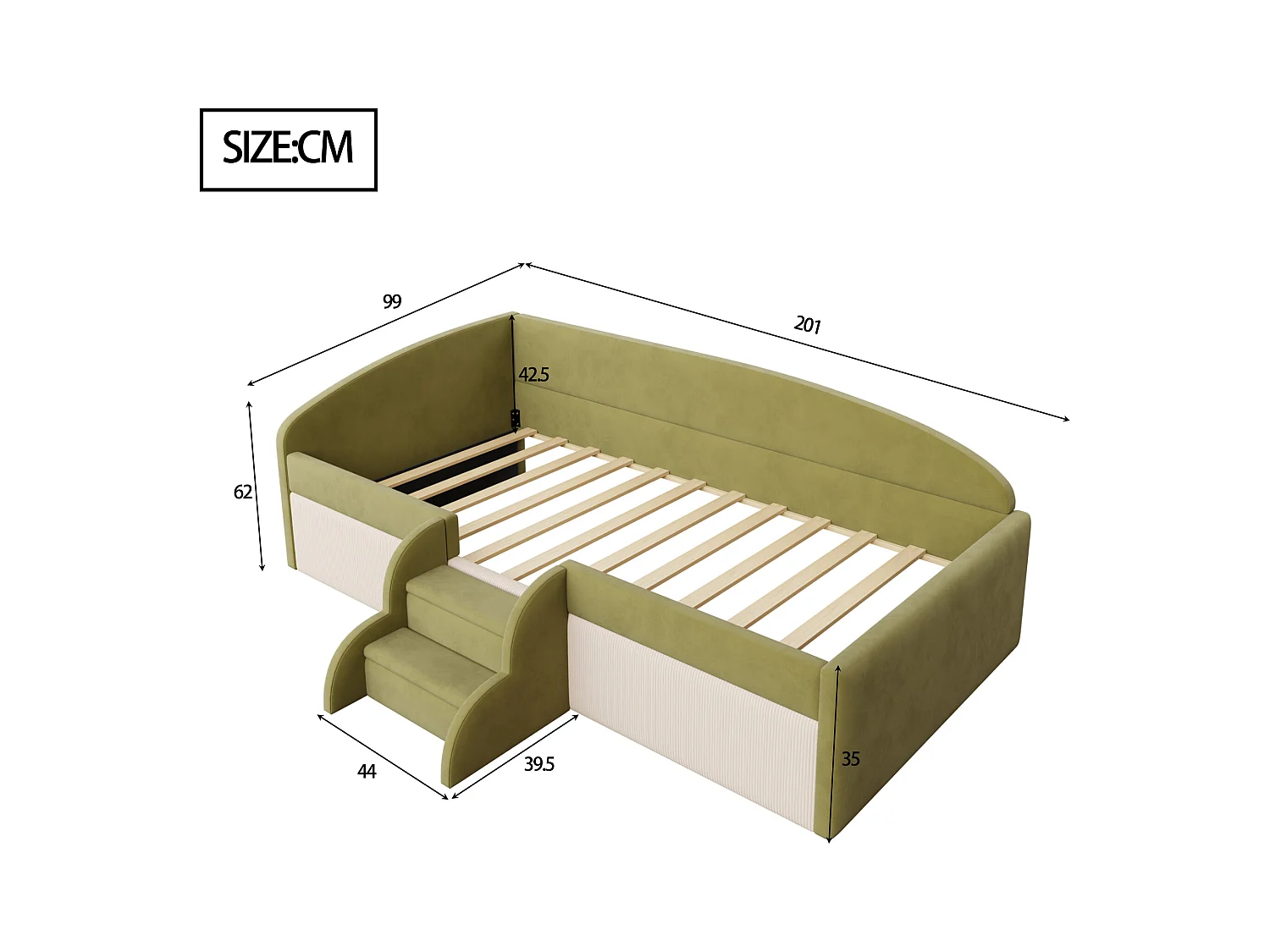 Tapicerowane łóżko dziecięce 90x190 cm - z 2 stopniami - z stelażem lamelowym - Zielony (materac nie jest wliczony w cenę)