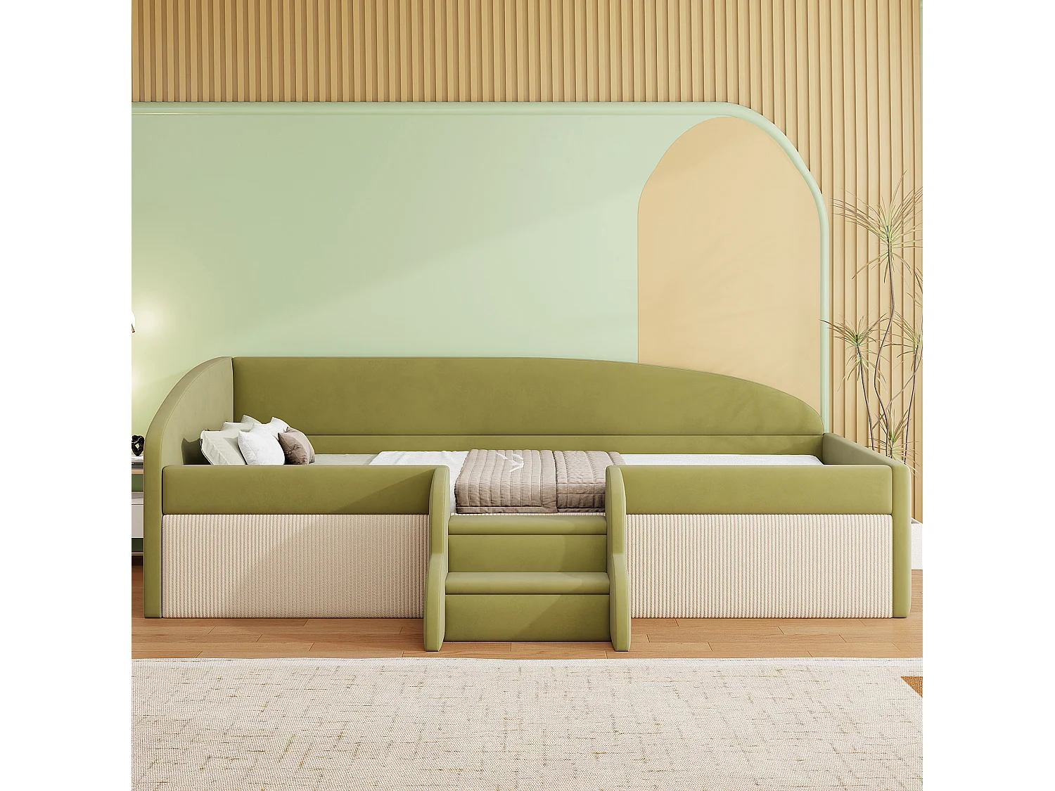 Gepolstertes Schlafsofa 90x190 cm - mit 2 Stufen - mit Lattenrost - Grün (Matratze nicht inbegriffen)