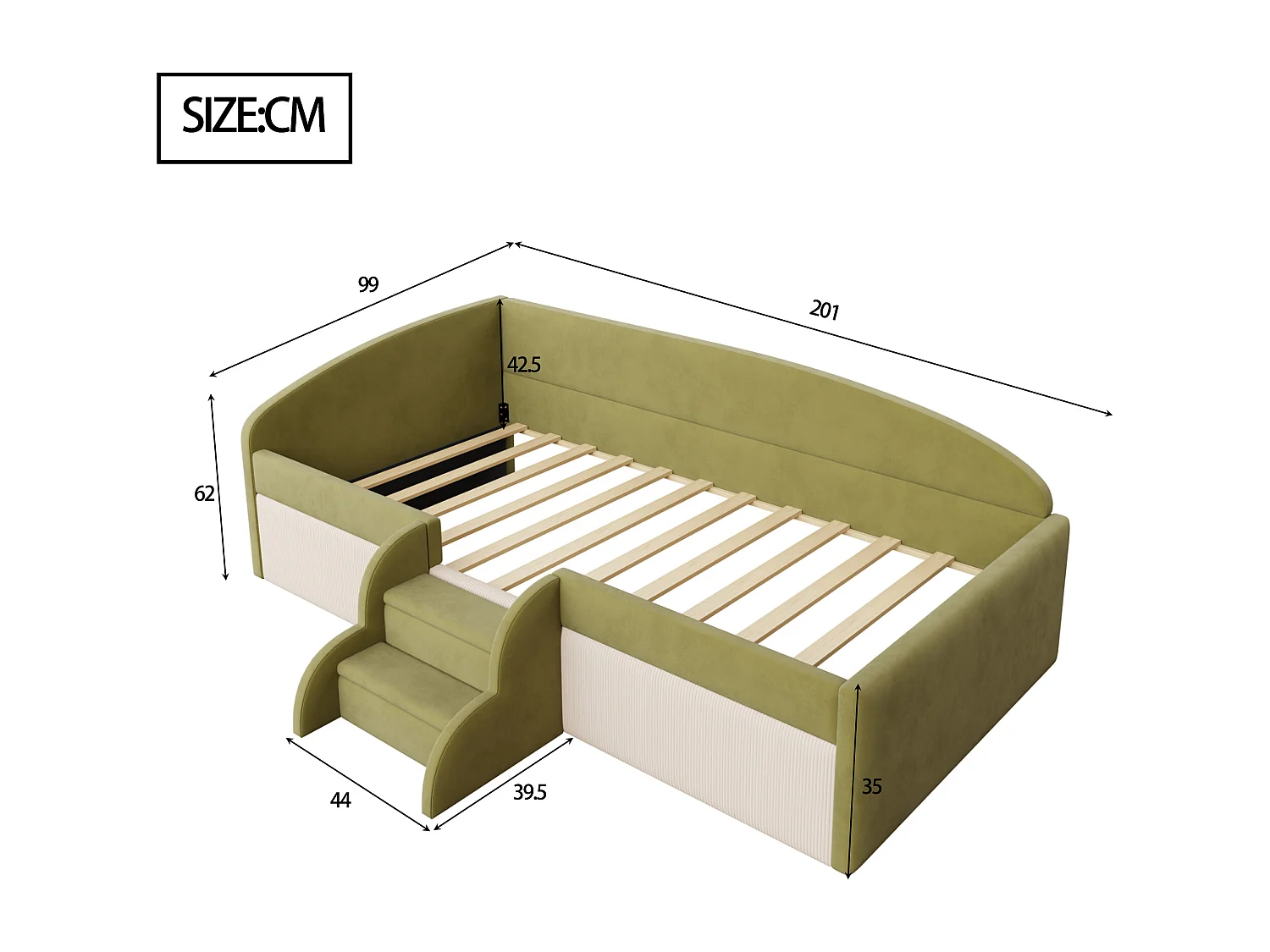 Gepolstertes Schlafsofa 90x190 cm - mit 2 Stufen - mit Lattenrost - Grün (Matratze nicht inbegriffen)