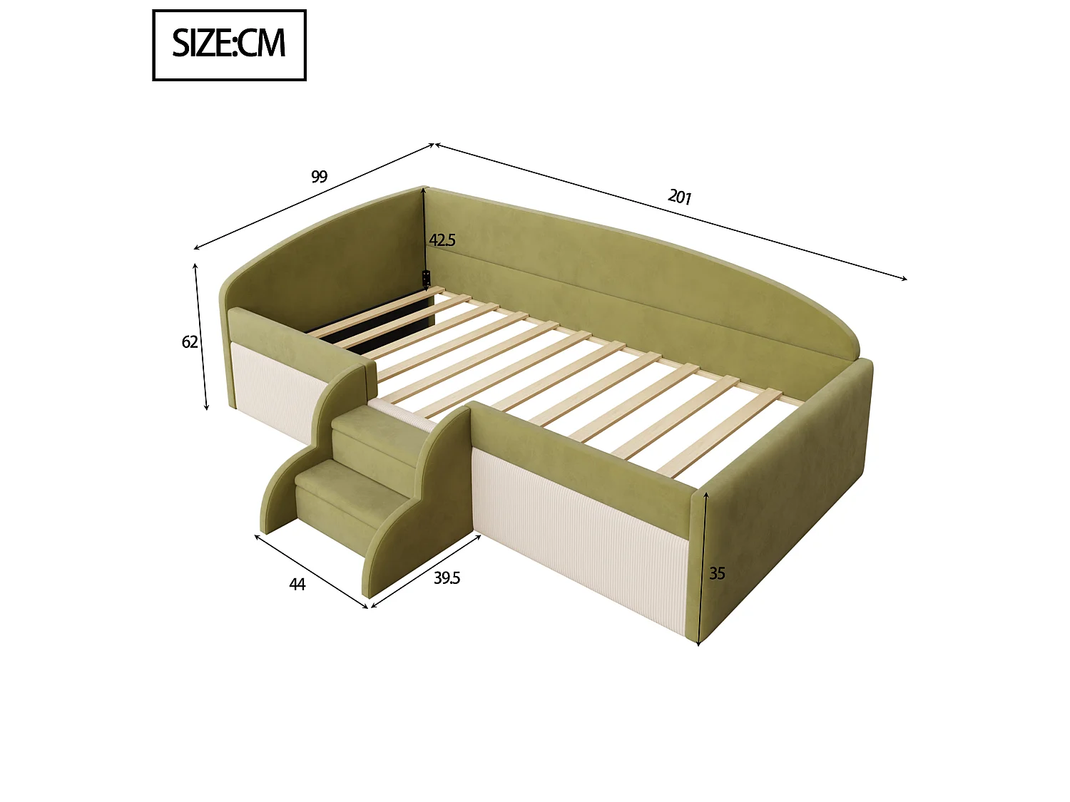Gepolstertes Schlafsofa 90x190 cm - mit 2 Stufen - mit Lattenrost - Grün (Matratze nicht inbegriffen)