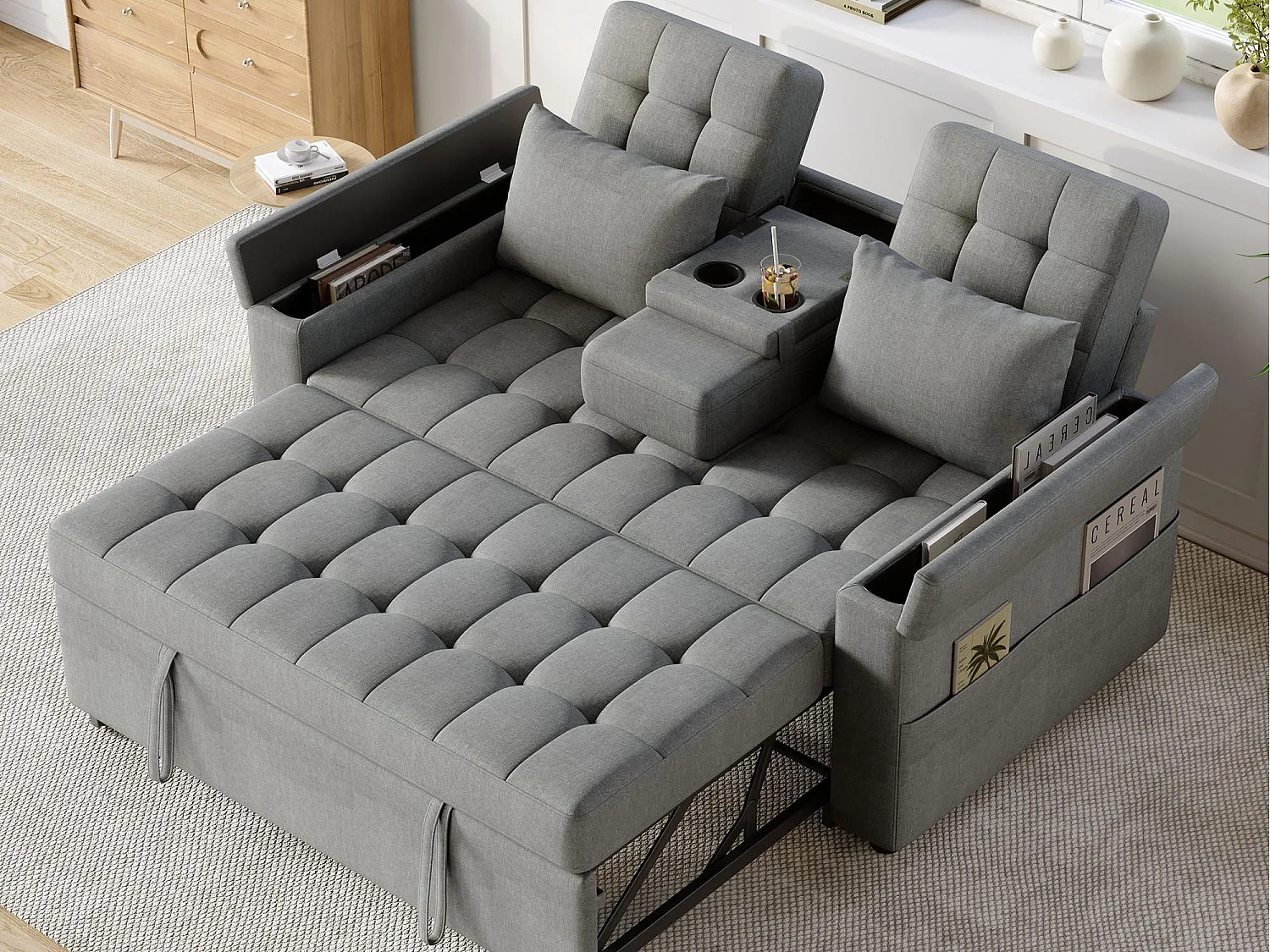 Canapé 2 places - avec compartiment de rangement - avec poche de rangement - avec 2 coussins - Gris