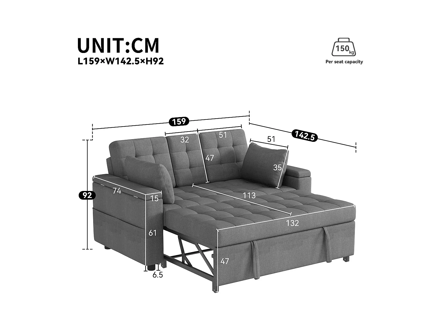 Canapé 2 places - avec compartiment de rangement - avec poche de rangement - avec 2 coussins - Gris