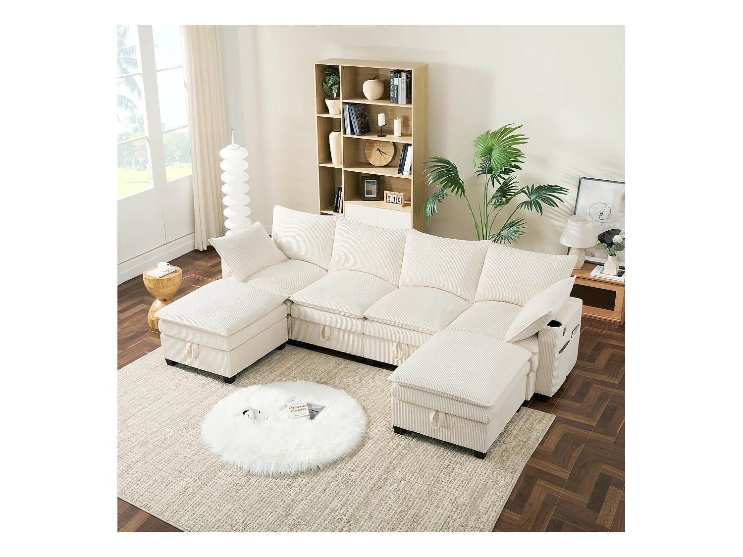 Sofá moderno - 4 lugares - Apoio de pés removível - Portas USB - Compartimentos de armazenamento + Porta-copos - Bege